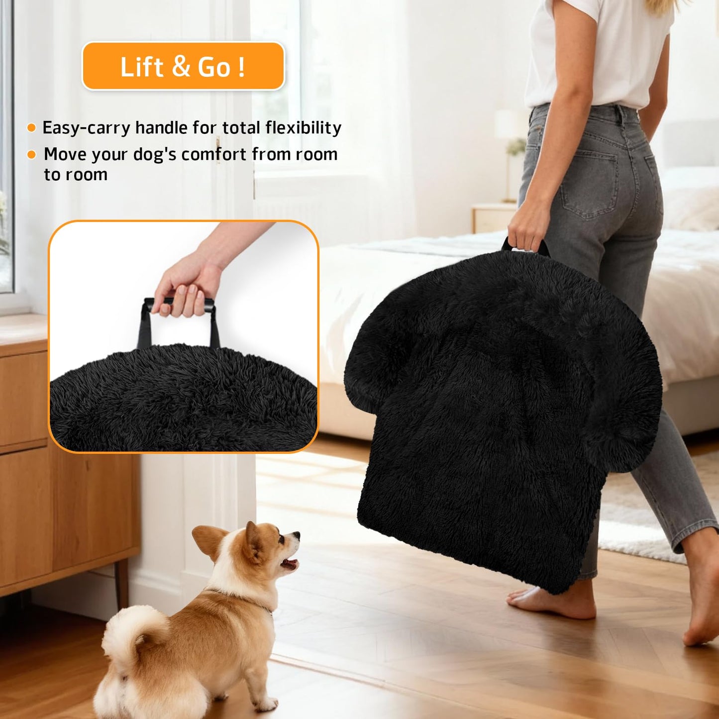 GGIB Calming Dog Bed Fluffy Plush Dog Mat for Furniture Protector with Removable Washable Cover for Large Medium Small Dogs and Cats (Large, Black)