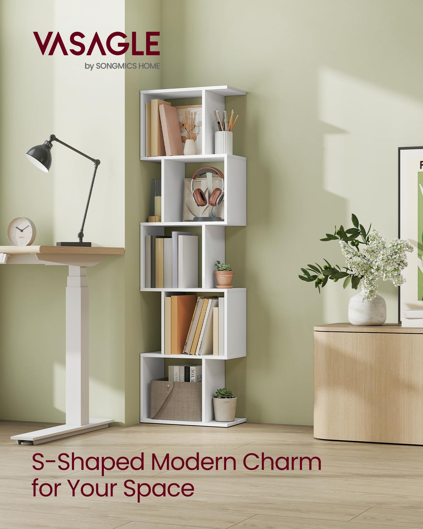 VASAGLE Bookshelf, 5-Tier Bookcase, 9.4 x 15.7 x 62.6 Inches, Storage Shelf with Open Compartments, Modern Style, for Living Room, Bedroom, Office, Matte White ULBC462W01