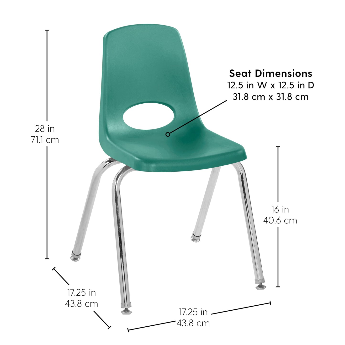 FDP 16" School Stack Chair, Stacking Student Seat with Chromed Steel Legs and Swivel Glides for Classroom, Homeschool or Office - Green, 11560-GN