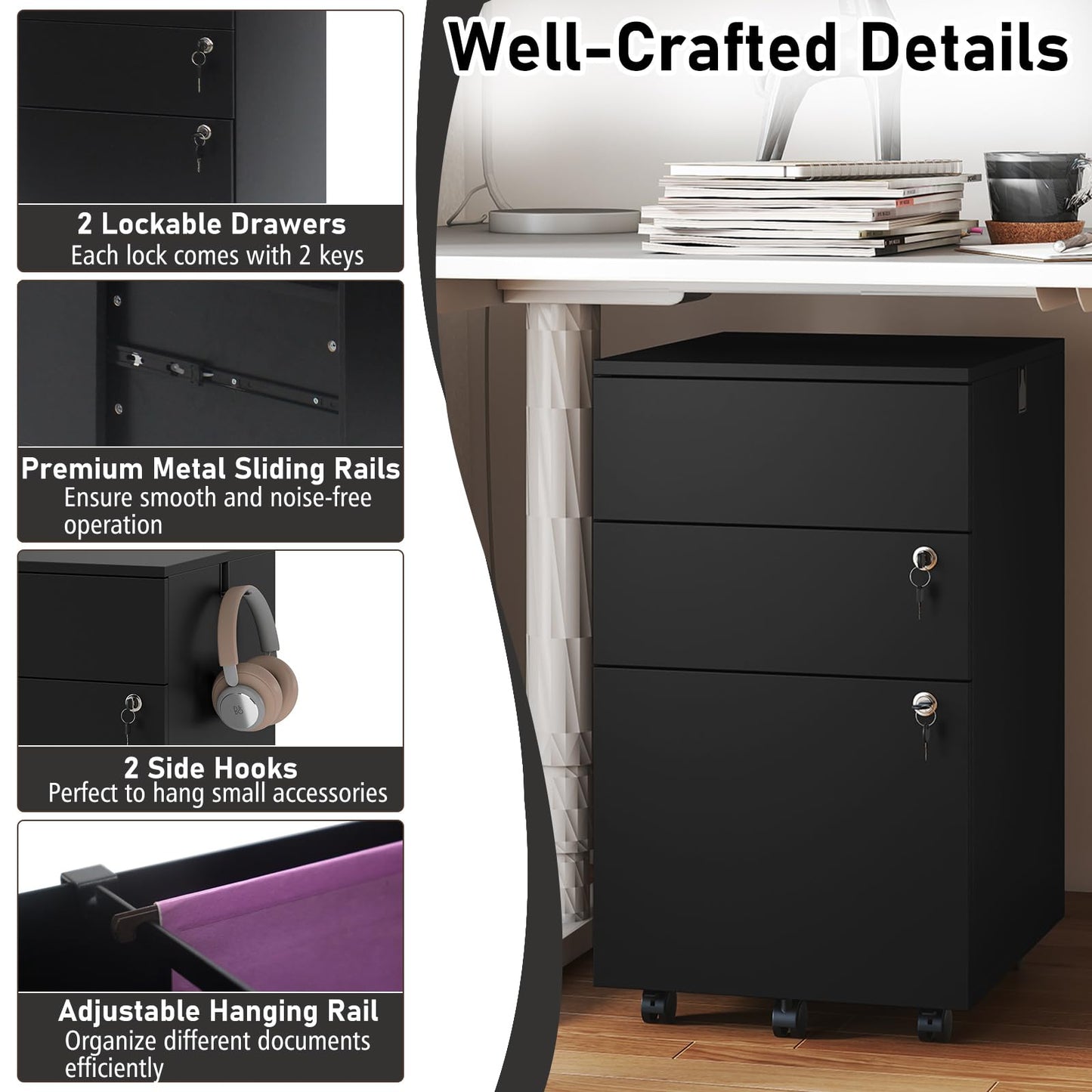 Giantex 3-Drawer File Cabinet with Lock, 27-Inches Storage Cabinet with 2 Side Hooks, Mobile Printer Stand, Wheels, 4 Keys, Vertical Filing Organizer fits Letter/A4 Size for Home Office (Black)