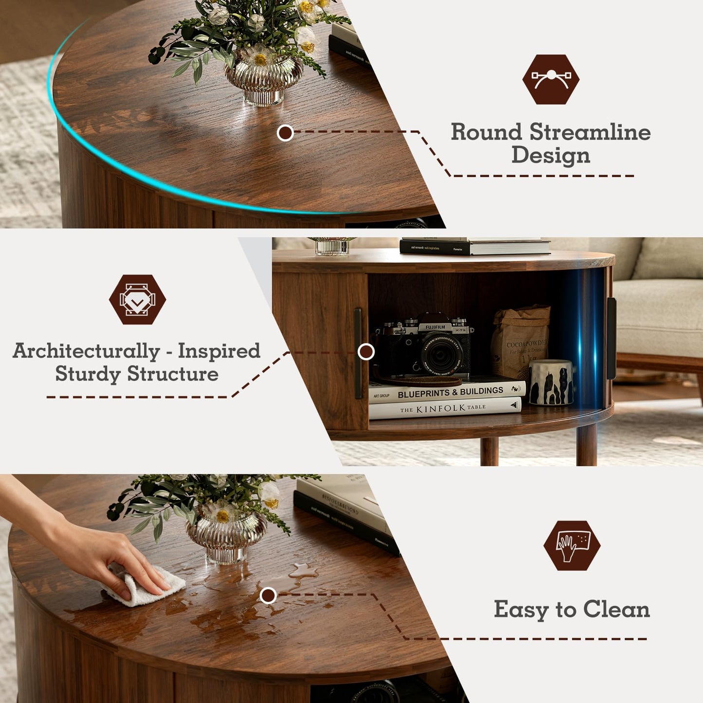 ZttRiee Coffee Table for Living Room, Modern Round Coffee Table with Cabinets & Sliding Doors, Home Small Space, 29.9" Fluted Center Table, Walnut