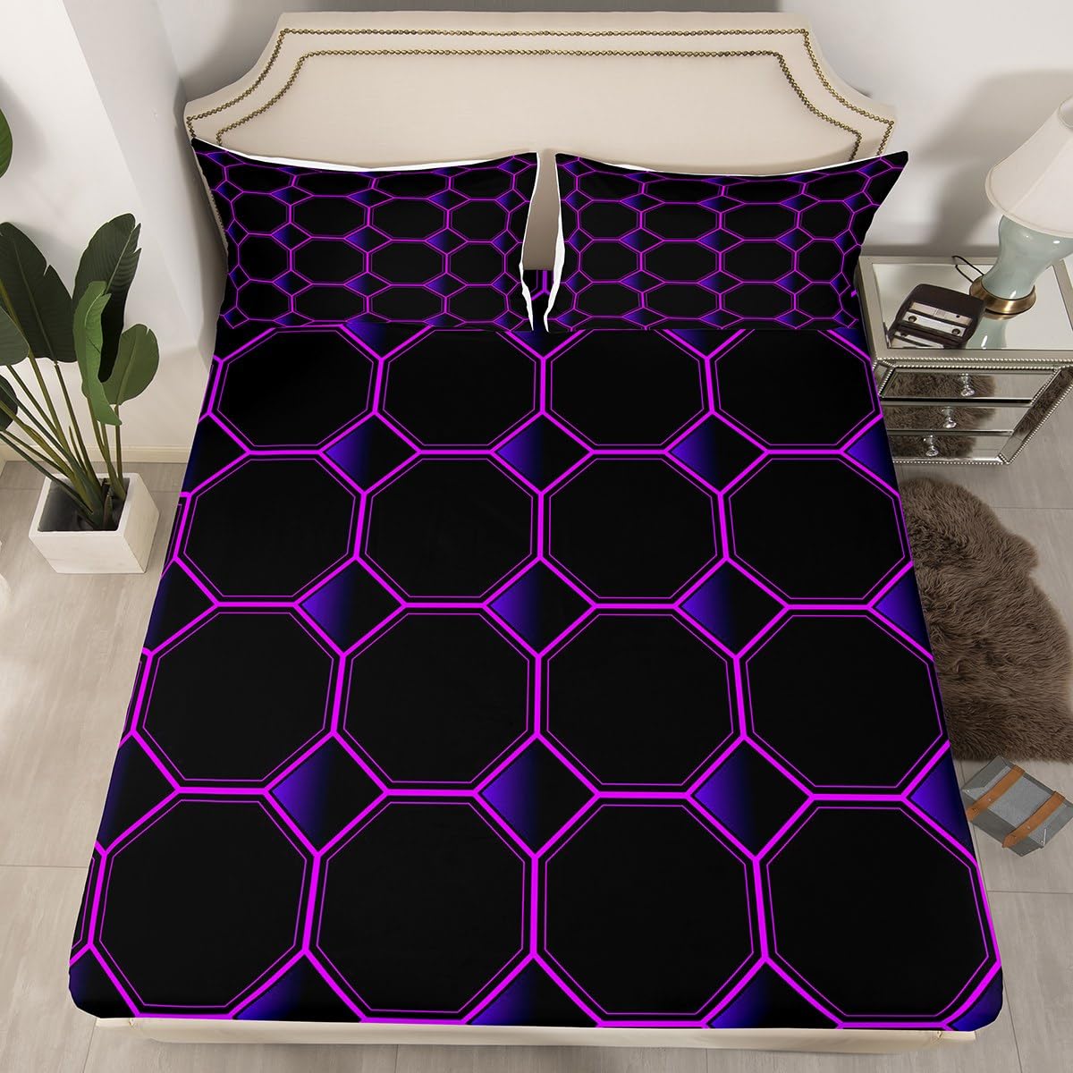 Honeycomb Bed Sheets Set Queen Size Geometric Hexagonal Beehive Sheet Set for Boys,3D Stereoscopic Purple Hexagon Sheets,Neon Simplistic Geometrical Black Room Decor