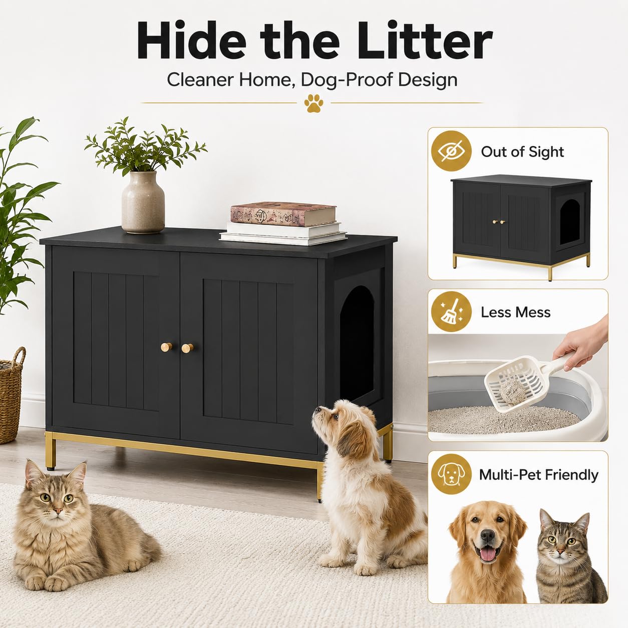 Homhedy Cat Litter Box Enclosure, Cat Washroom Furniture with Metal Frame, Pet House, Fit Most of Litter Box, Modern Style, Black and Gold