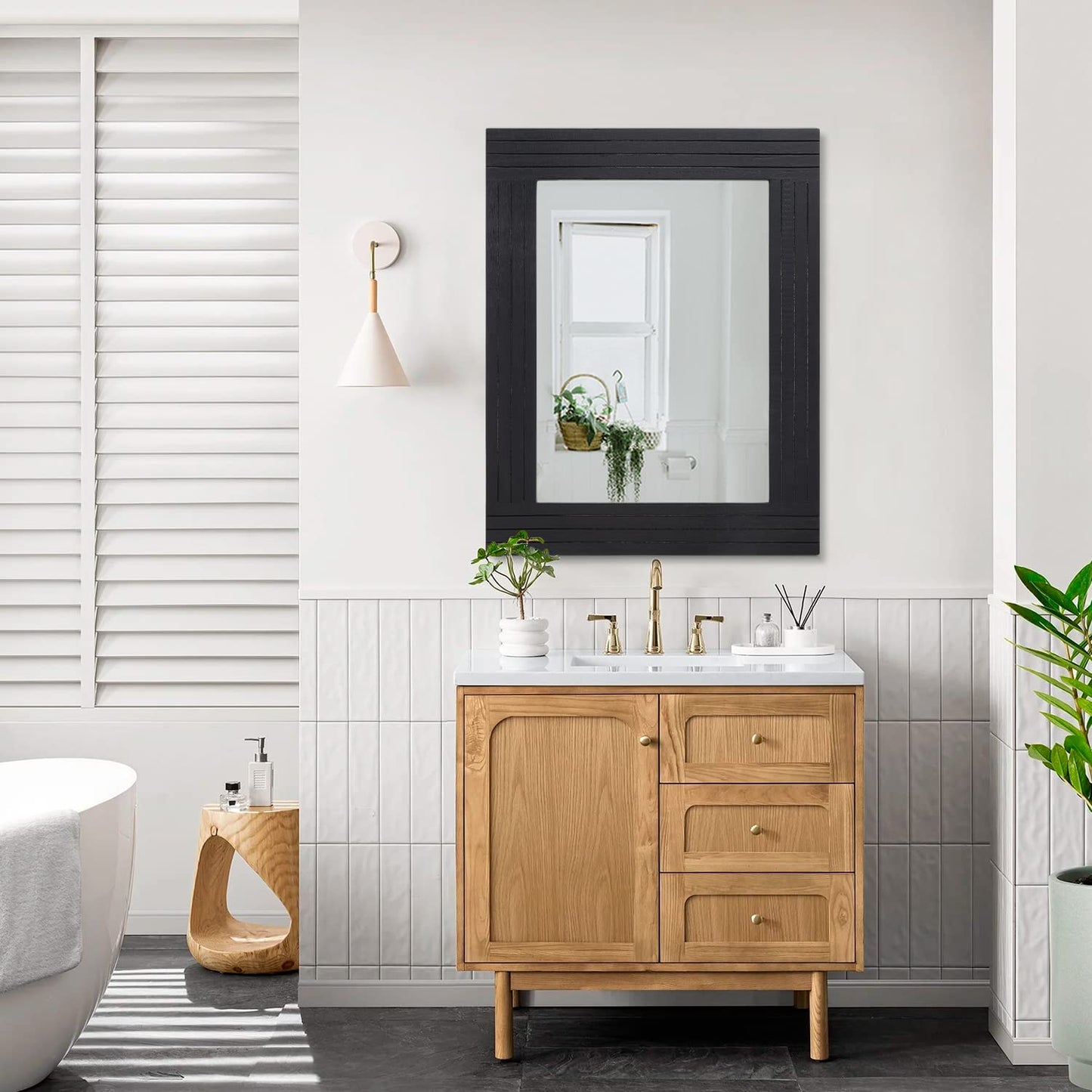 HLFMVWE Black Rectangular Vintage Rustic Wood Framed Large Mirror - Deco Farmhouse Living Room Bathroom Bedroom Entrance - 26" x 18"