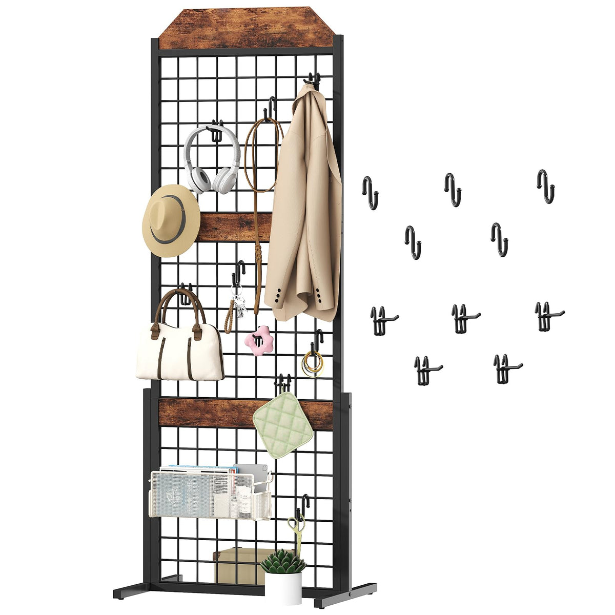 HOOBRO Gridwall Panel units 5.6' x 1.7' Ft Grid Display Rack, Gridwall Panel Display Stands with 5 Garment Hooks & 5 S-Hooks, Wire Grid Display Rack, for Retail Show, Rustic Brown and Black BF45DC01