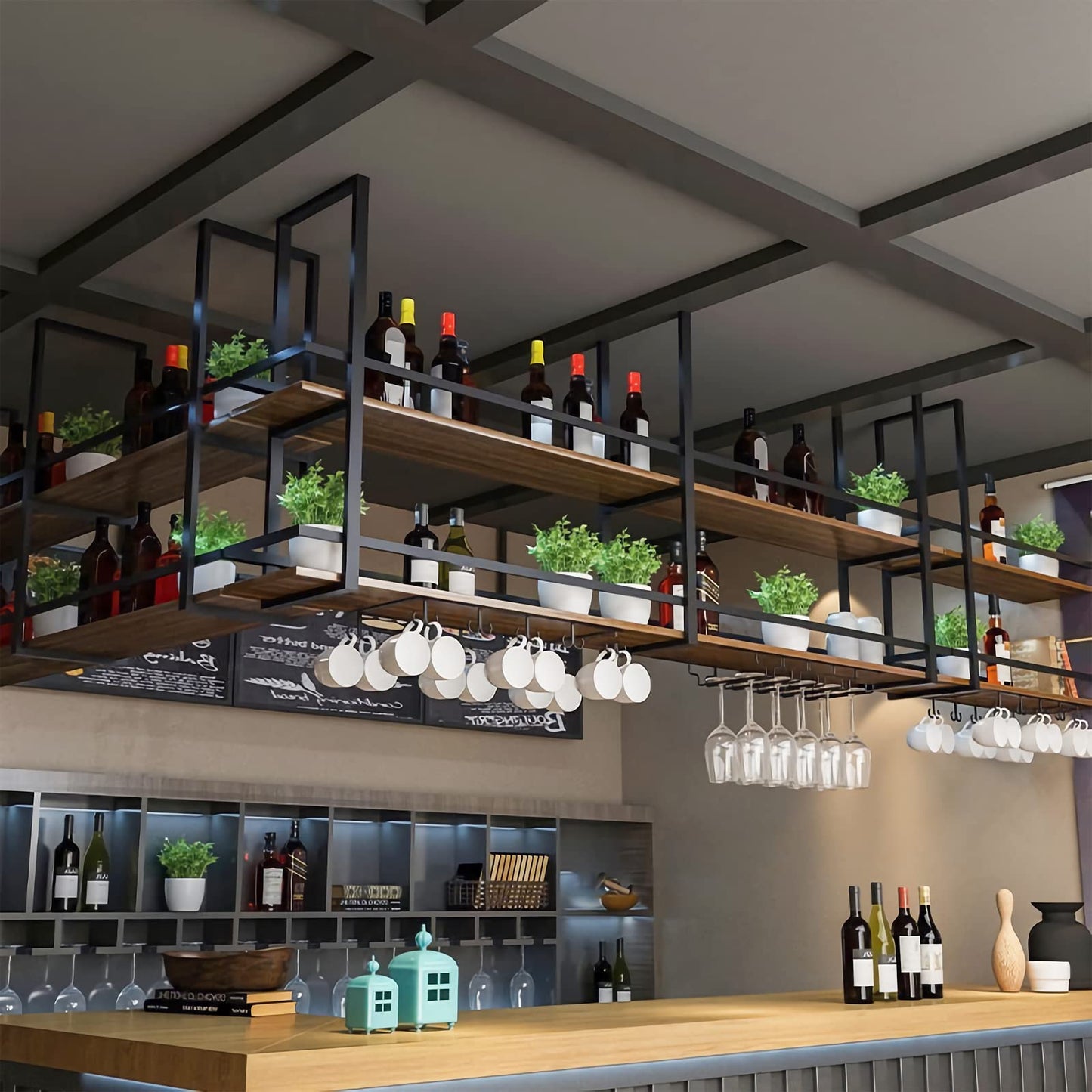 Ceiling Wine Glass Rack - 31.4in Hanging Wine Rack with Glass Holder and Shelf, 2 Layer Industrial Hanging Wine Bottle Holder, Gold Metal Ceiling Shelf for Bar Cafe Kitchen (Gold, 31.4×11.8×31.4in)
