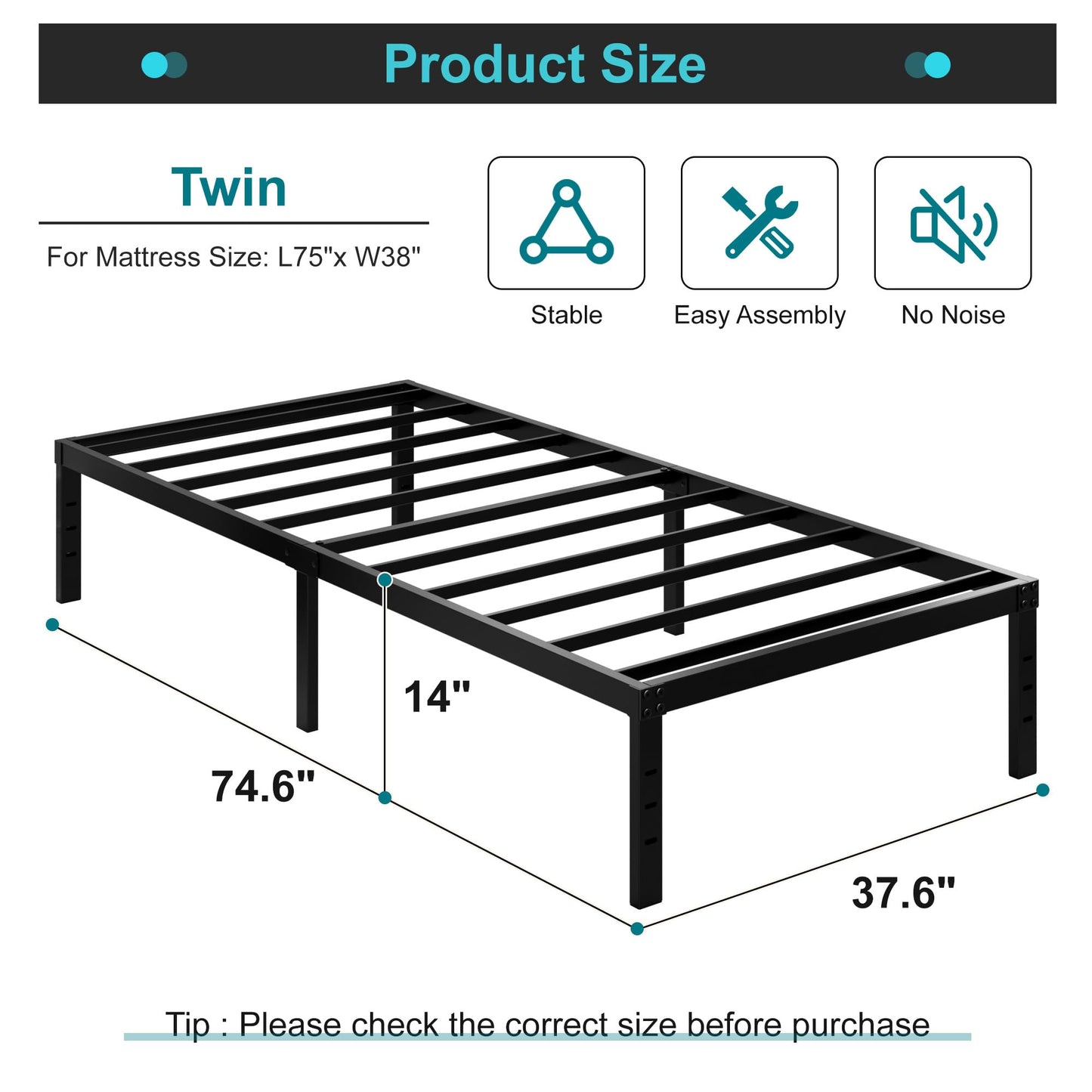 Maenizi Heavy Duty Twin Bed Frame No Box Spring Needed, 14 Inch Metal Platform Bed Frame Twin Support Up to 2500 lbs, Easy Assembly, Noise Free, Black