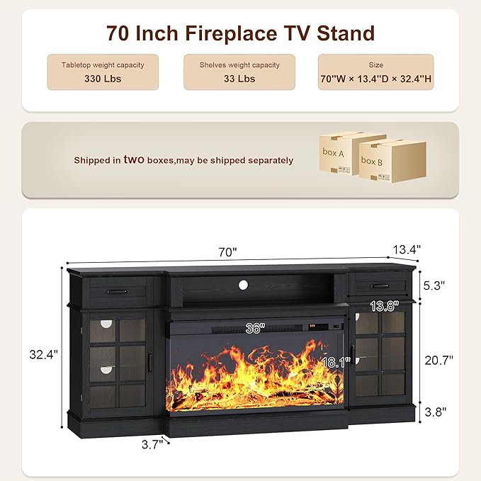 MXV 70" Fireplace TV Stand, 3-Sided Glass Fireplace and Modern Entertainment