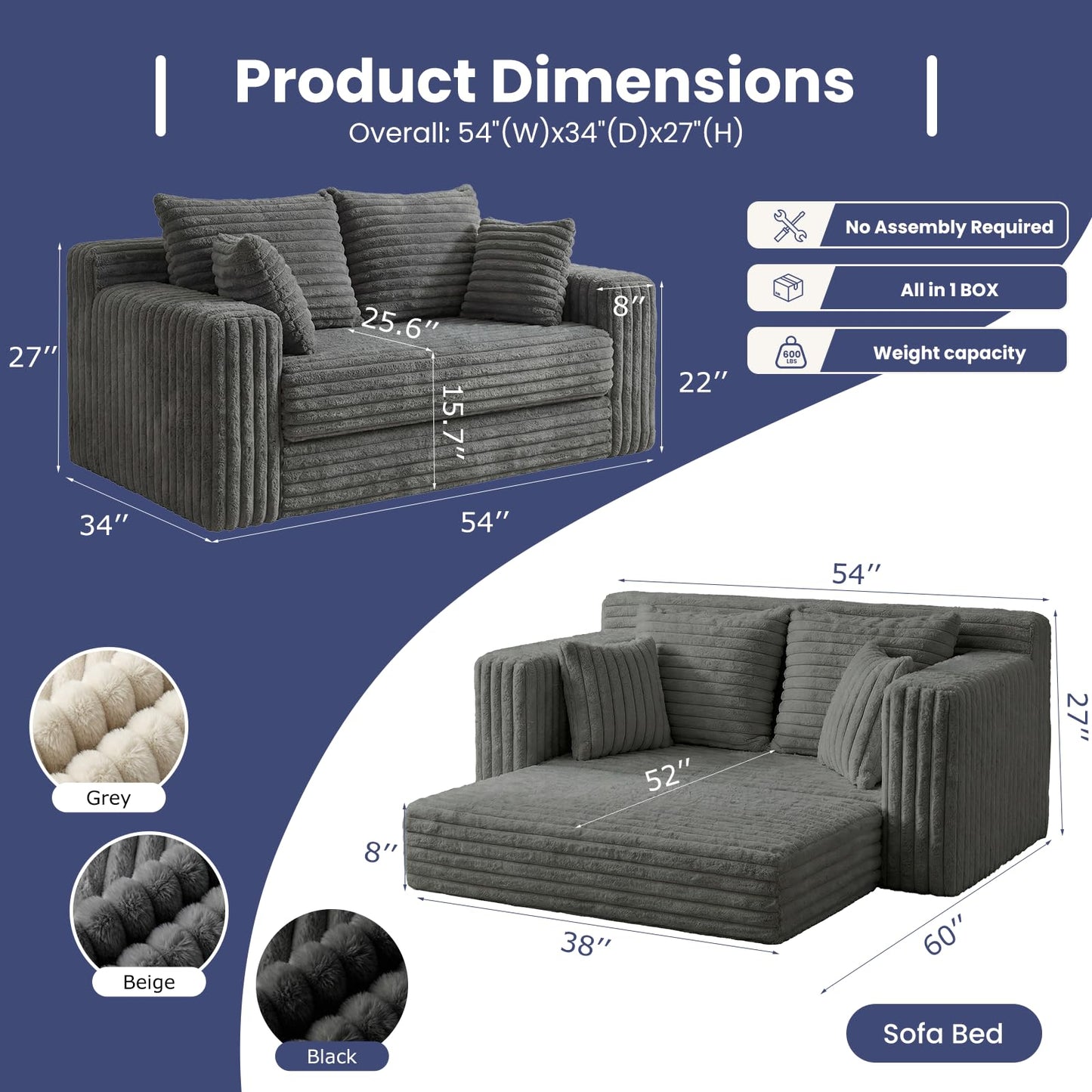 3-in-1 Convertible Sofa Bed: Boneless Loveseat Sleeper & Folding Couch Bed with 4 Pillows & Detachable Cushion, Furry Futon Couch for Bedroom, Apartment, Office and Living Room, No Assembly, Grey