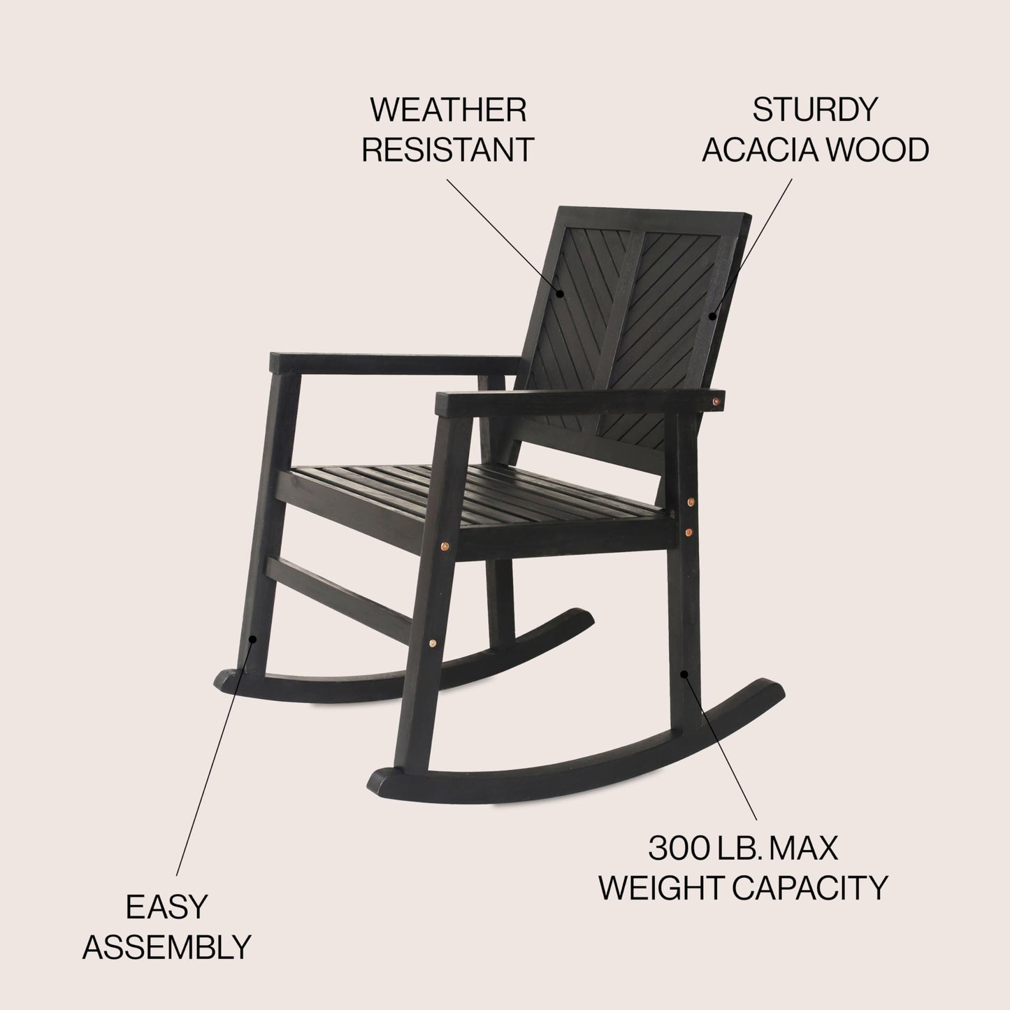 JONATHAN Y Ned Solid Acacia Wood Outdoor Rocking Chair, All-Weather Chevron High Back Porch Rocker for Patio, Deck and Garden, Farmhouse Black Finish Wood Armchair, 35" Height RCK100C