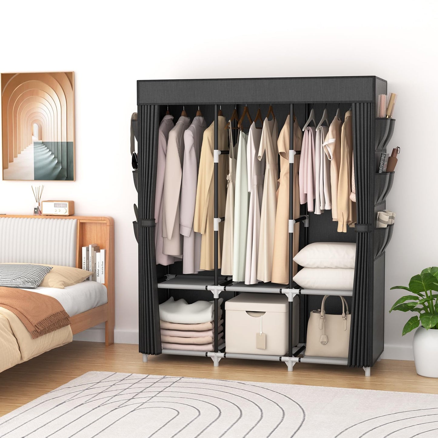 VTRIN Portable Closet Wardrobe for Hanging Clothes Closet with Cover, 3 Hanging rods, 6 Storage Shelves and Side Pocket, Diameter 19mm Metal Pipe, Sturdy Free Standing Closet for Bedroom, Black