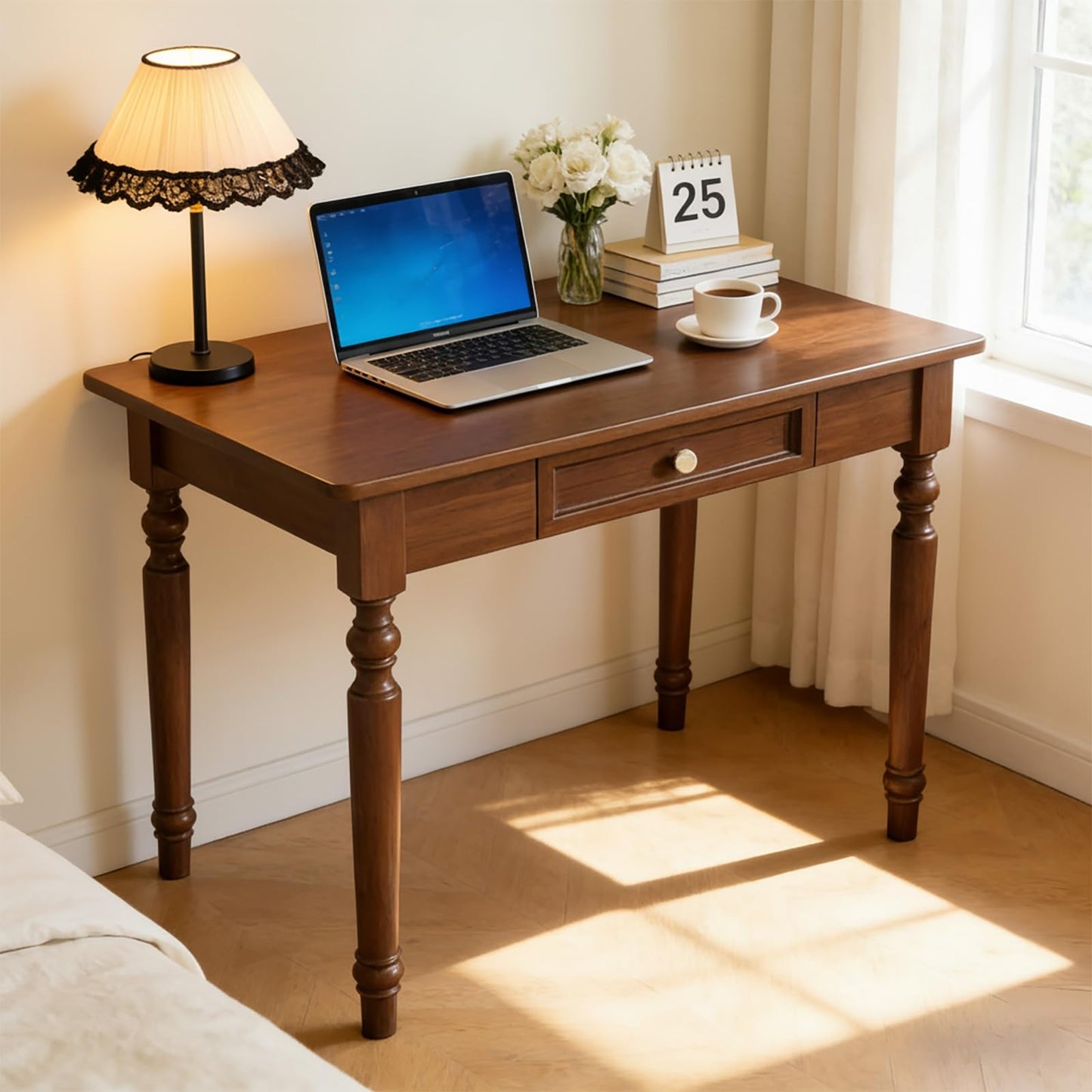 TYHRZNJJ 31" Solid Wood Writing Desk with Drawers – French Country Computer Desk for Home Office, Bedroom, Living Room, or Study(Walnut,31 x 24 x 30 in)