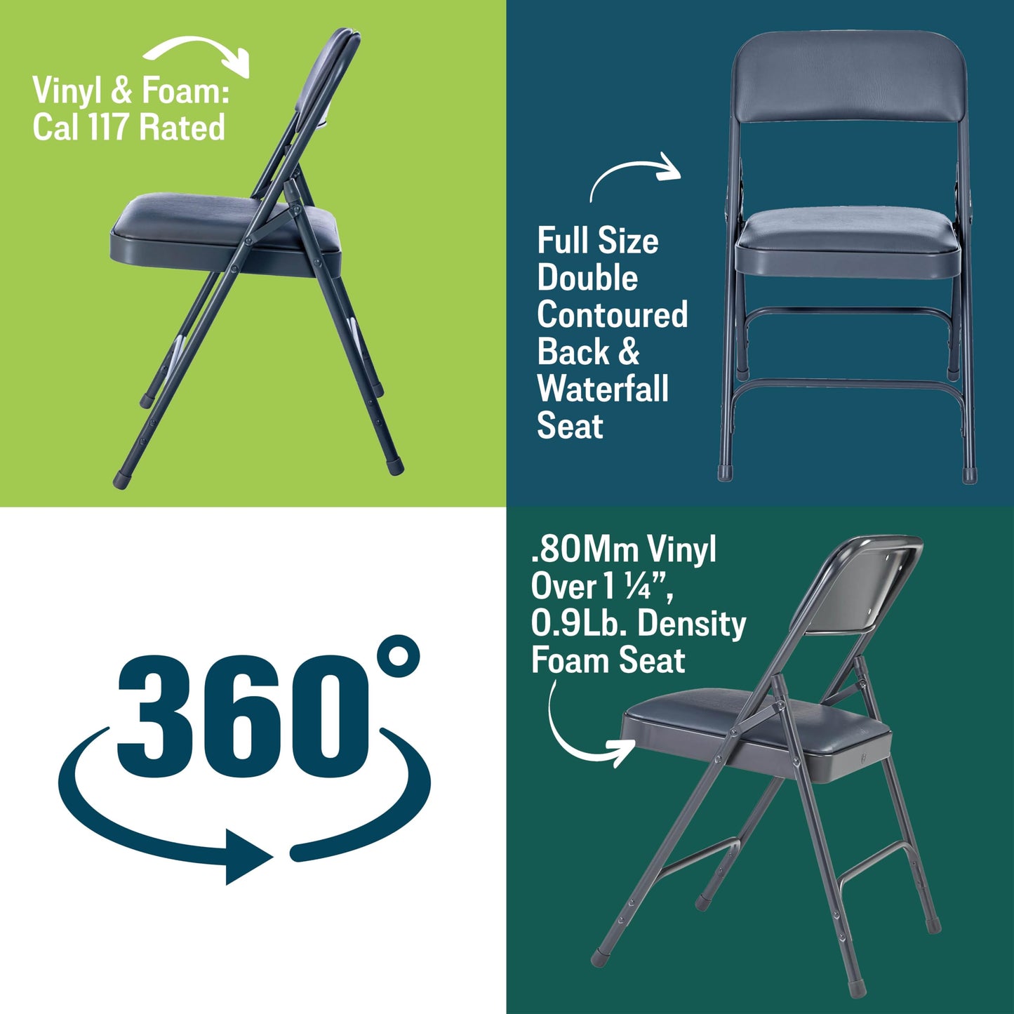 Premium Padded Portable Folding Chairs by National Public Seating – 1200 Series Upholstered, Heavy-Duty Foldable Chairs for Indoor & Outdoor Use – Set of 4, Comfortable & Durable, Midnight Blue