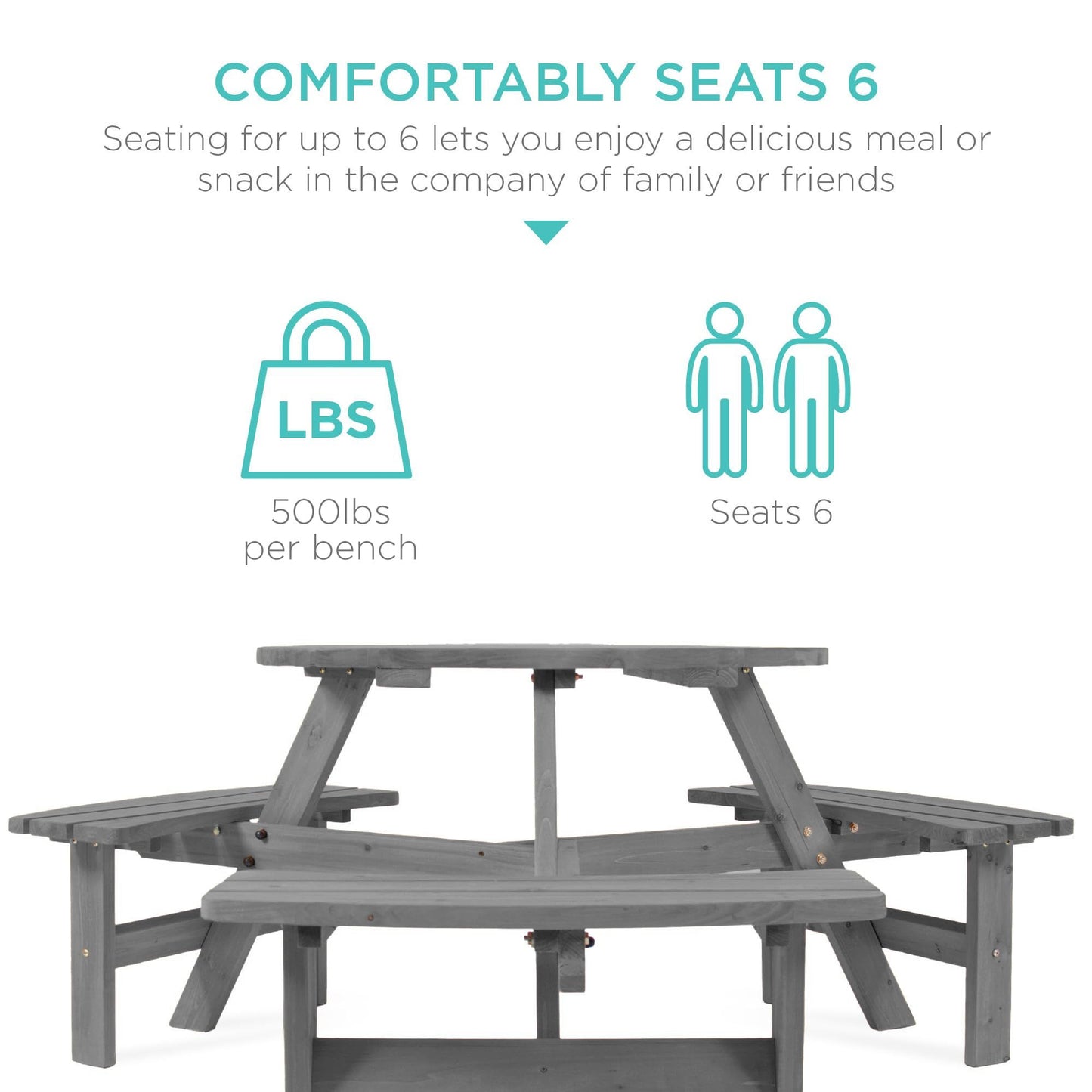 Best Choice Products 6-Person Circular Outdoor Wooden Picnic Table for Patio, Backyard, Garden, DIY w/ 3 Built-in Benches, 500lb Capacity - Gray