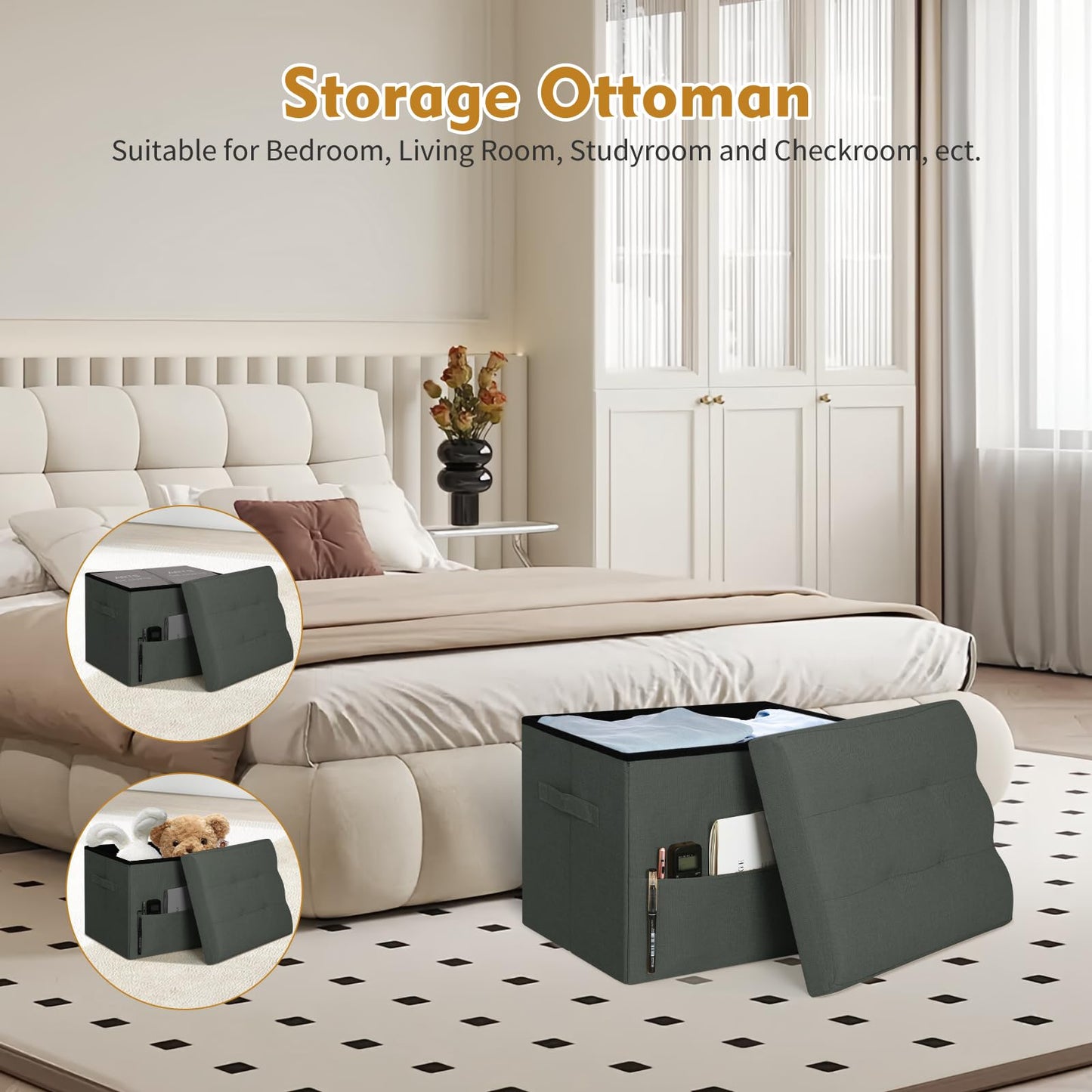 BelugaHelper Small Ottoman with Storage, Foldable Ottoman Foot Rest Stool with Thicker Foam Padded Seat. Linen Storage Bench for Bedroom Living Room, Holds Up to 300 lbs, 17x13x13IN(Black Green)