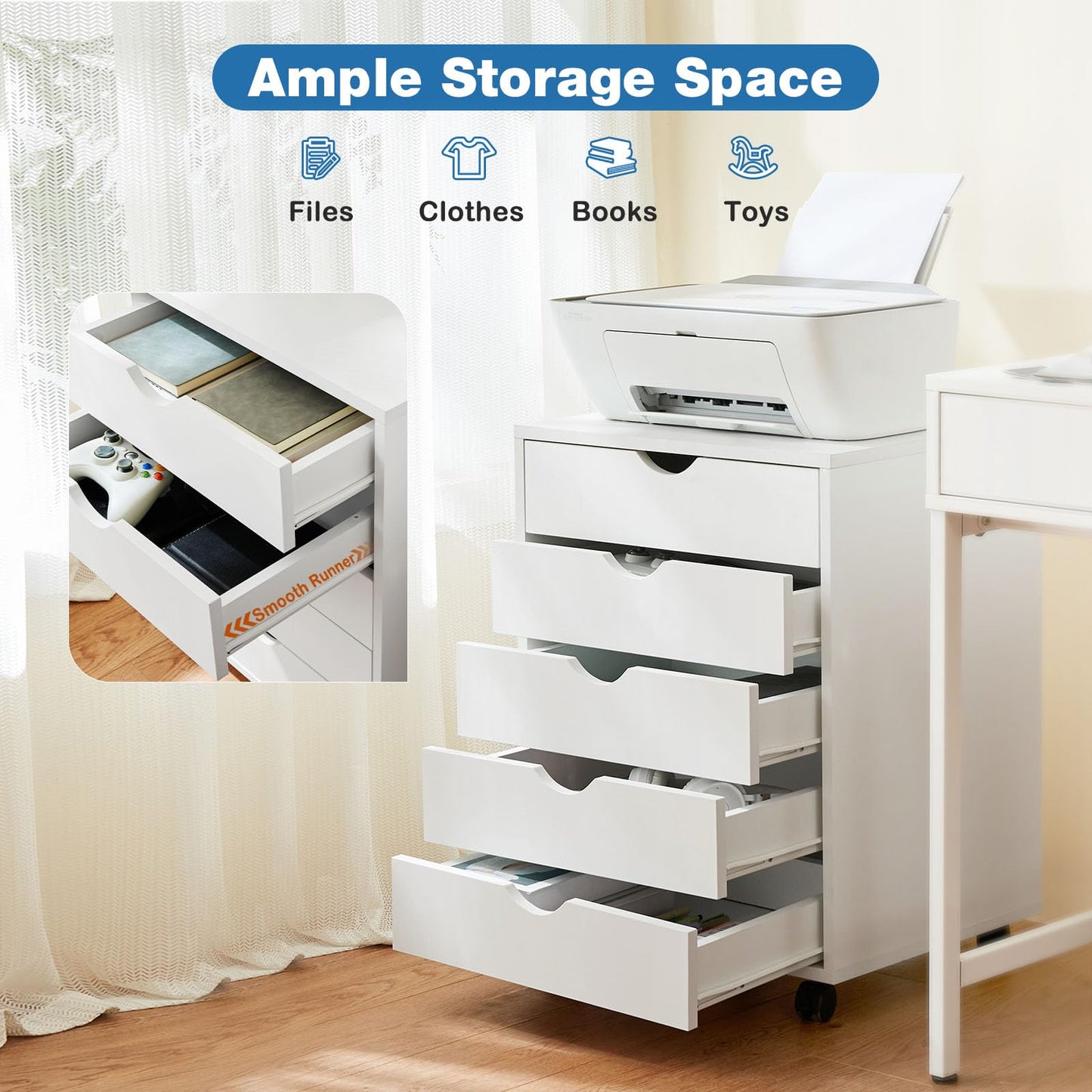 OLIXIS 5 Drawer Mobile File Cabinet Under Desk Storage Organization with Wheels Vertical Filing Chest Rolling Wood Small Desk Printer Stand for Home Office, 15.75"D x 18.74"W x 25.39"H, White