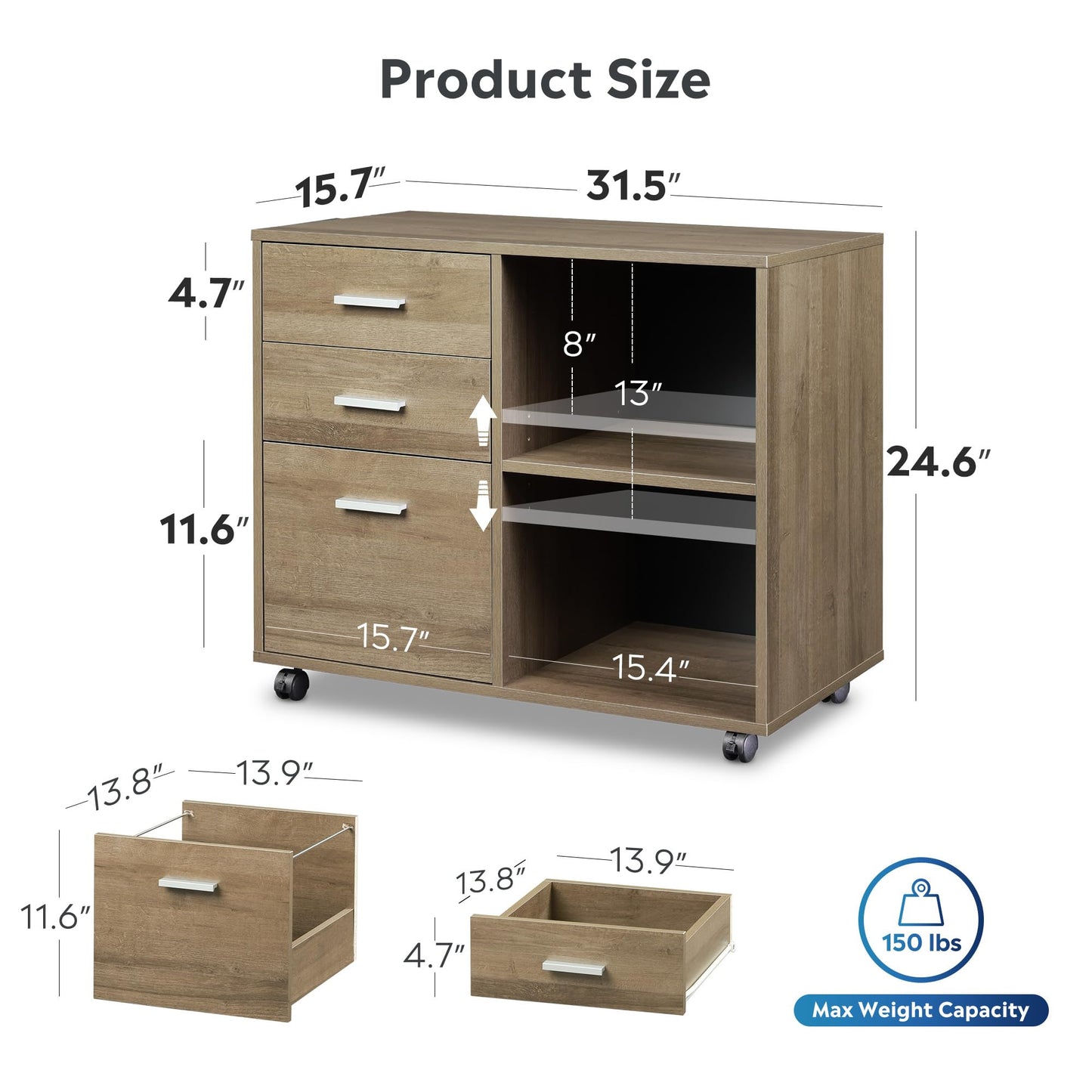 DEVAISE 3 Drawer Mobile File Cabinet, Wood Lateral Filing Cabinet, Printer Stand with Open Shelves for Home Office, Gray Oak