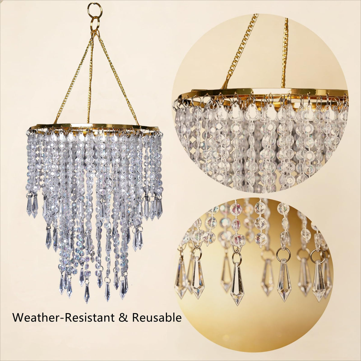 Vectolum Crystal Beaded Chandelier Shade, Gold Lamp Shade with Multi-Tiered Crystal Droplet Strands, Decorative Pendant for Home Decor, Wedding Centerpieces & Parties, 9.65 x 11.8 Inch