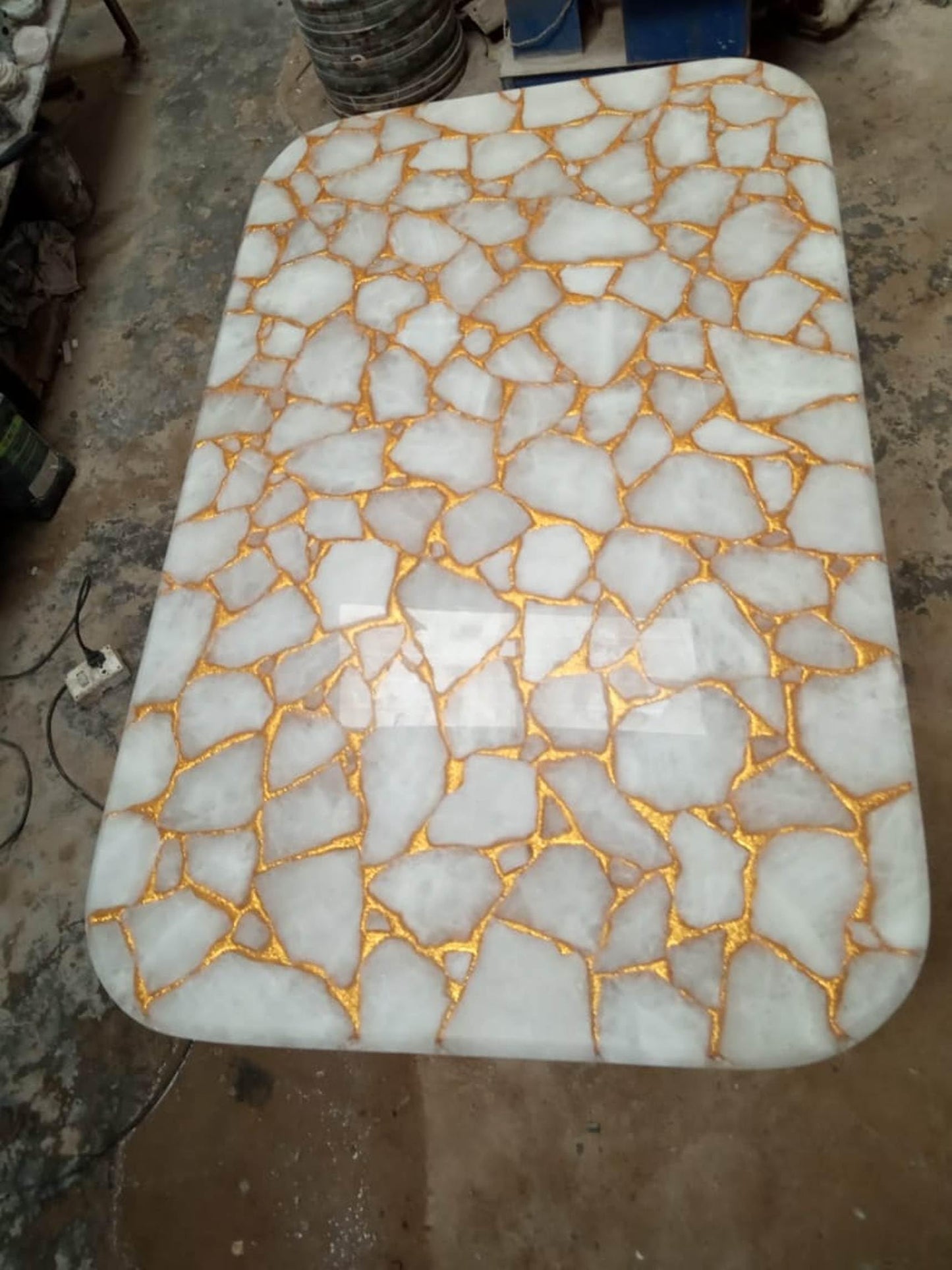 rkhandicrafts Epoxy Table Top with White Quartz Golden Foil 24 x 48 Inches Rectangle Shape Reception Table to add Royal Look in Your Lifestyle