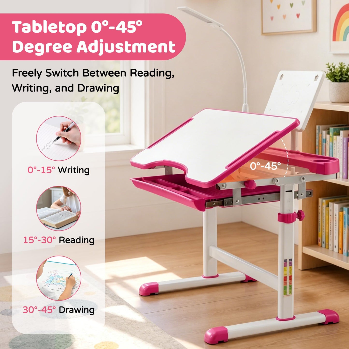 Diroan Kids Functional Desk and Chair Set, Ergonomic Height Adjustable Children School Study Desk with Tilt Desktop, Book Stand, LED Light, Metal Hook and Storage Drawer for Boys Girls(Pink)