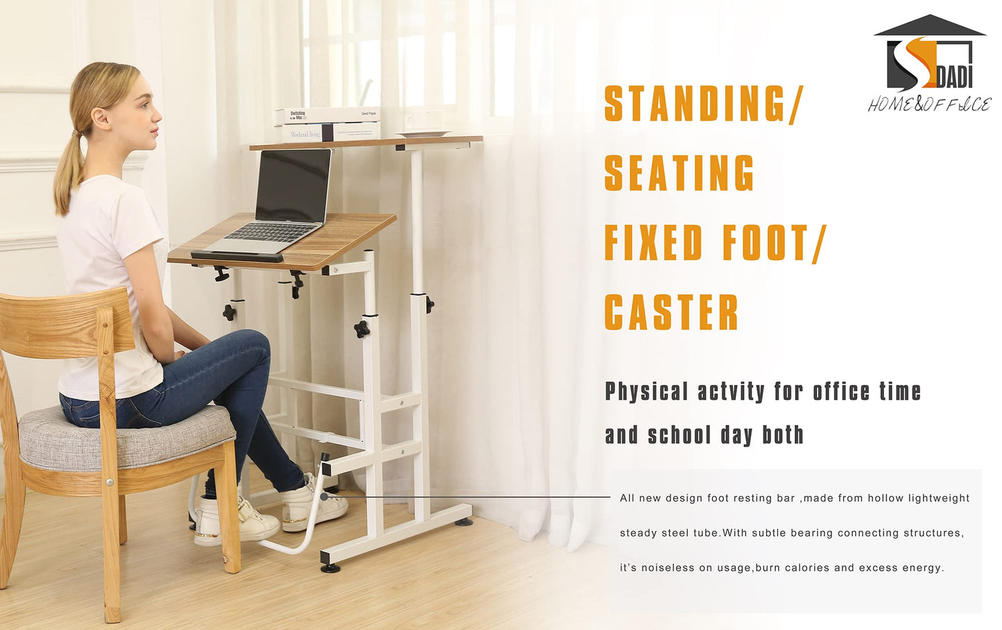 SDADI L101XWFDT Adjustable-Height Steel-Framed Mobile Standing Office Computer Desk with 2 Tiers and Lockable Caster Wheels, Dark Grain