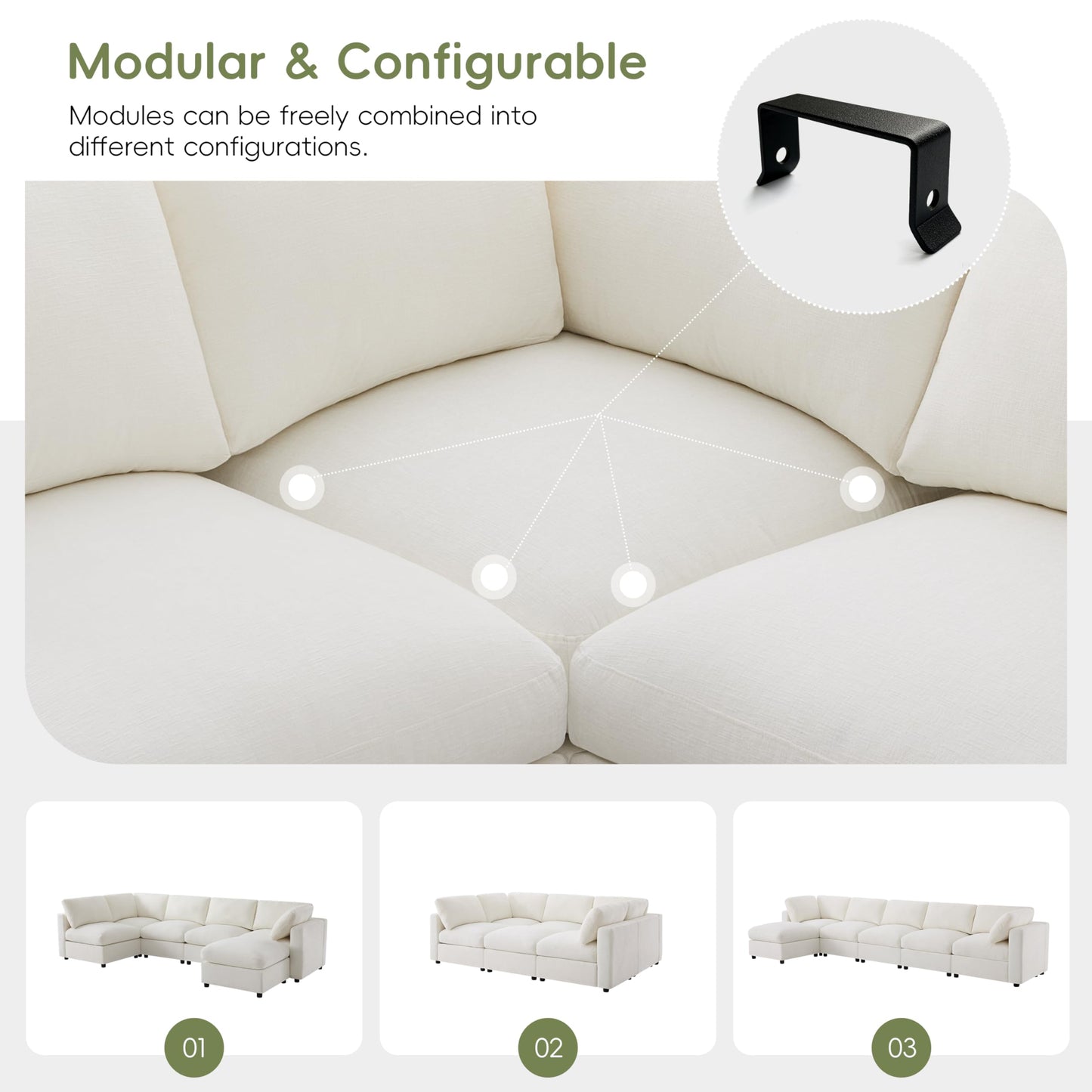 129-Inch U Shaped Sectional Cloud Couches with Movable Ottoman, Oversized Chenille Upholstered 6 Seat Modular Sofa Convertible Sleeper Couch for Living Room Office