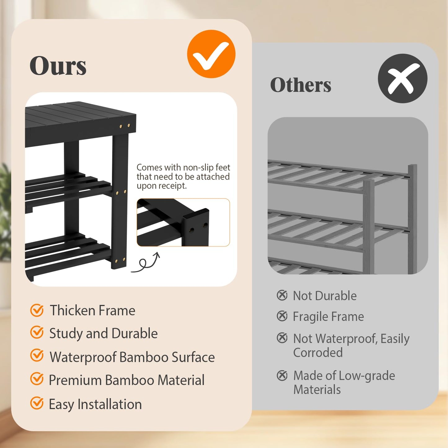 BAMBUROBA Bamboo Shoe Rack Bench, 3-Tier Entryway Bench, Small Shoes Storage Organizer Holds Up to 300lbs, 27.5 x 11 x 16.9 Inches, for Front Door, Hallway, Living Room, Bedroom,Black