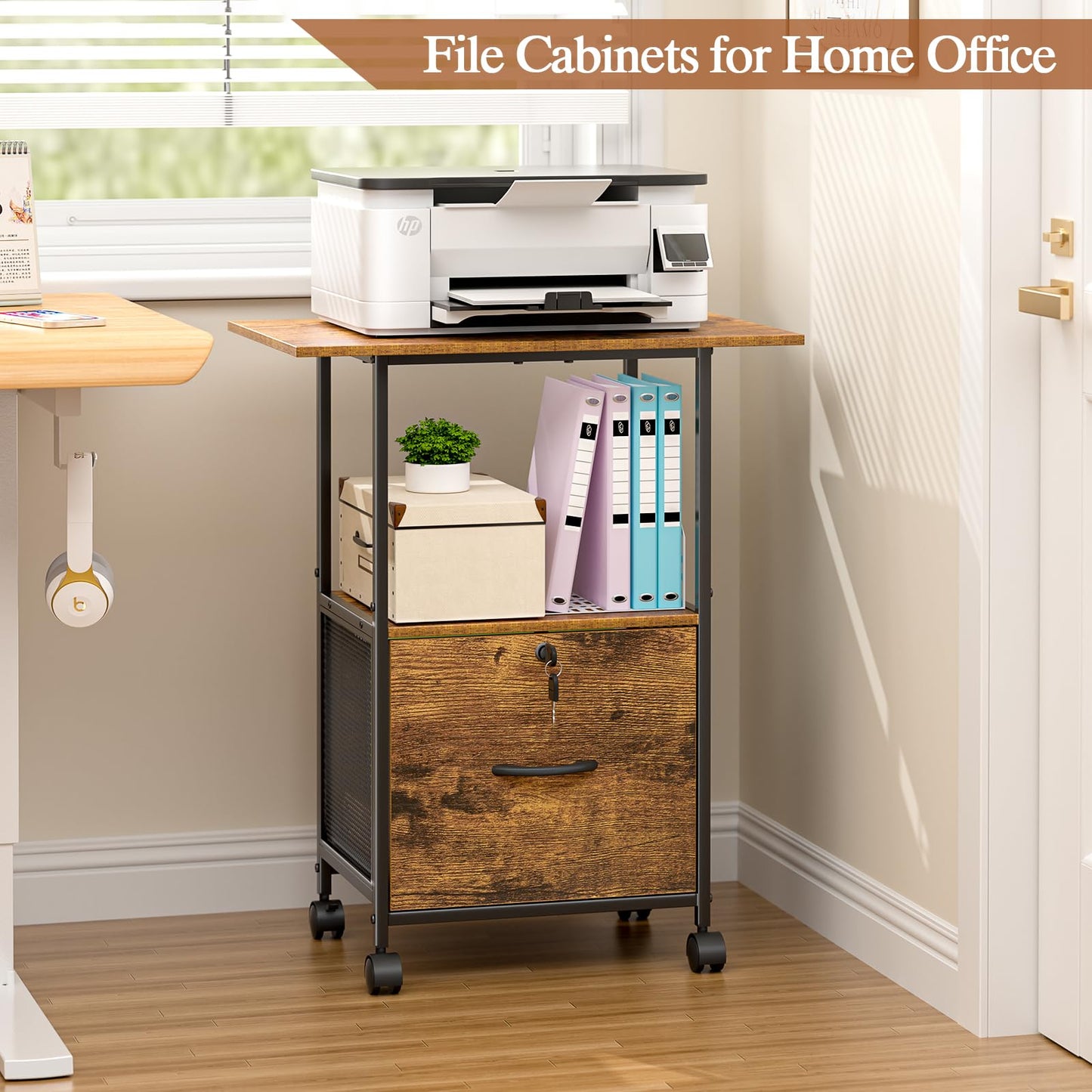 ThreeHio Small Filing Cabinet with Lock, Printer Stand with File Storage, Rolling Locking File Cabinet with Drawer Vertical File Cart with Wheels, Lockable Filing Cabinet for Home Office