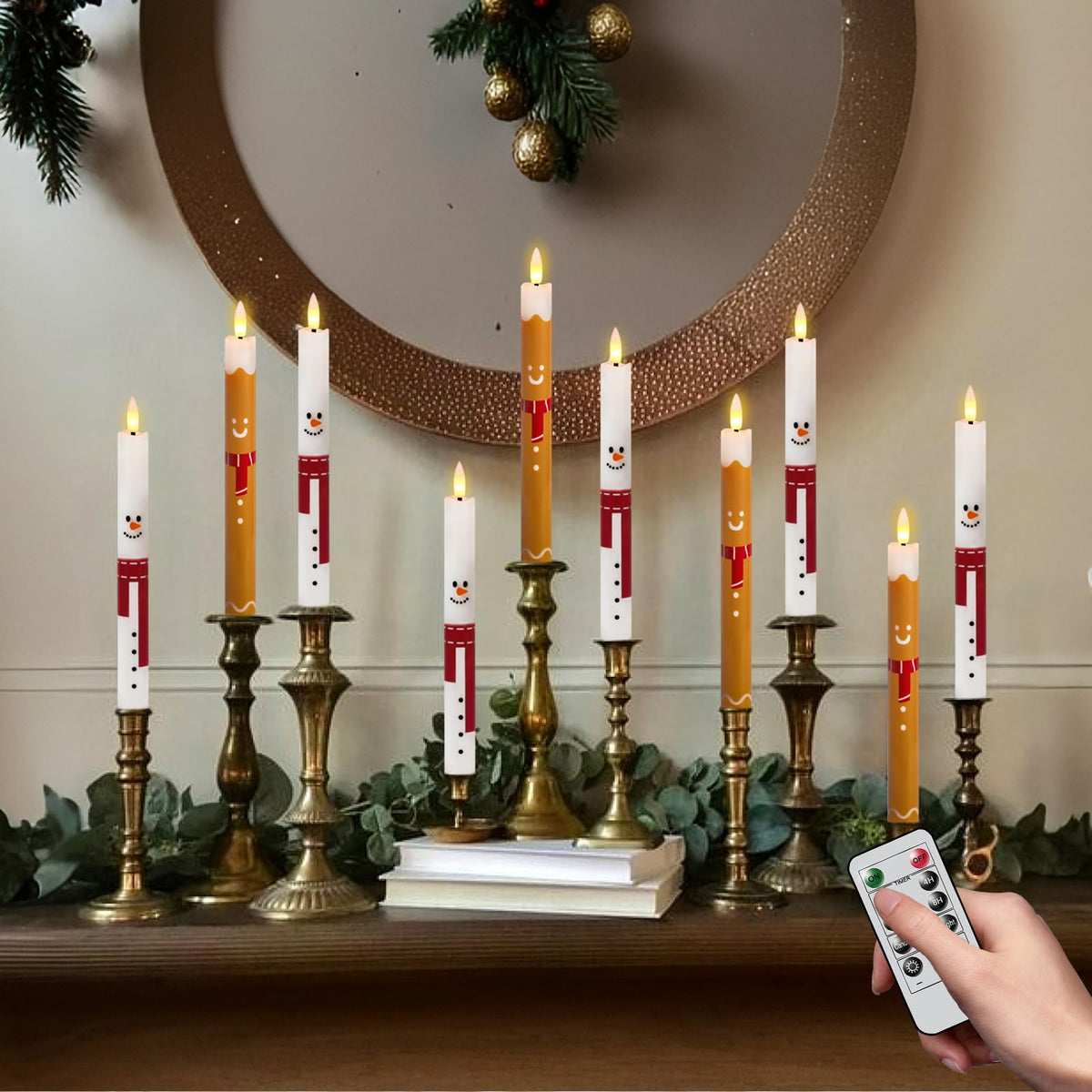 KunSwenn Christmas Flameless Taper Candles, Taper Candles Battery Operated with Remote, 6 Pcs LED Candlesticks with Santa Gingerbread Man Snowman Pattern for Christmas Holiday Decor(Waxy, 0.78”x9.7”)