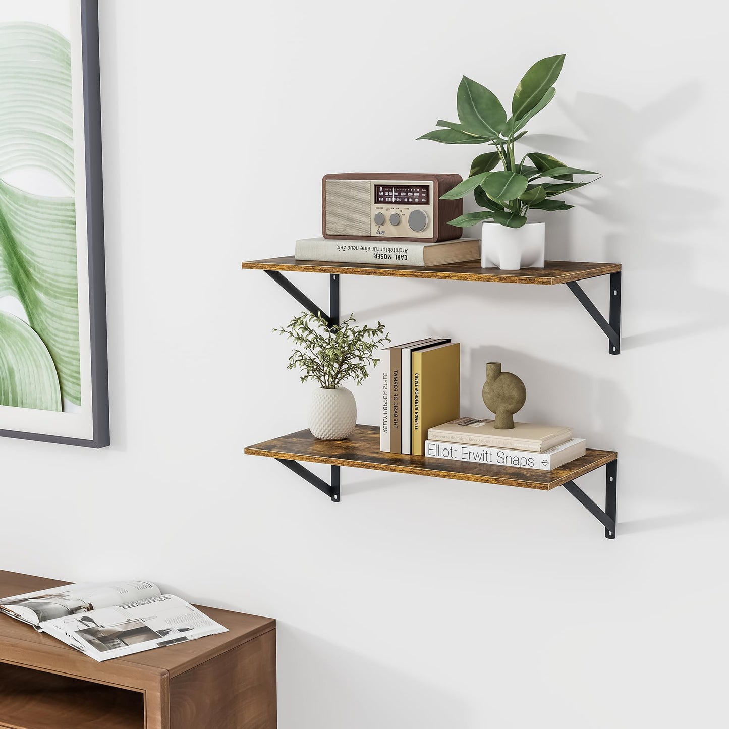 Heimlove Deep Floating Shelves for Wall, 24W x 12D Wood Wall Shelves Set of 2, Wide Floating Bookshelf for Living Room, Kitchen, Office, Bedroom and Decor Storage, with Metal Bracket - Rustic Brown