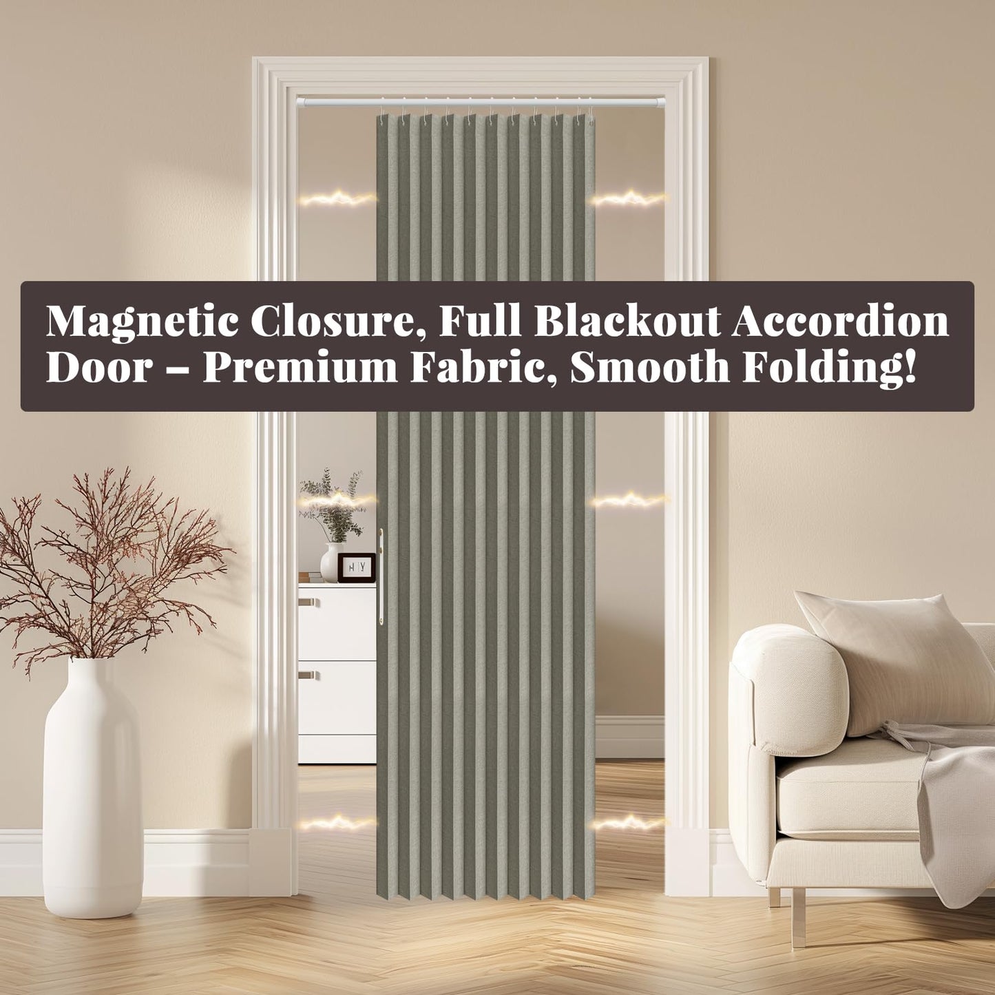 AJAZZ 100% Blackout Accordion Door Magnetic Door Curtain Folding Closet Doors Curtain Invisible Applicable Bedroom Room Living Room Doorway （Grey 42" W x 78" L 1 Panel