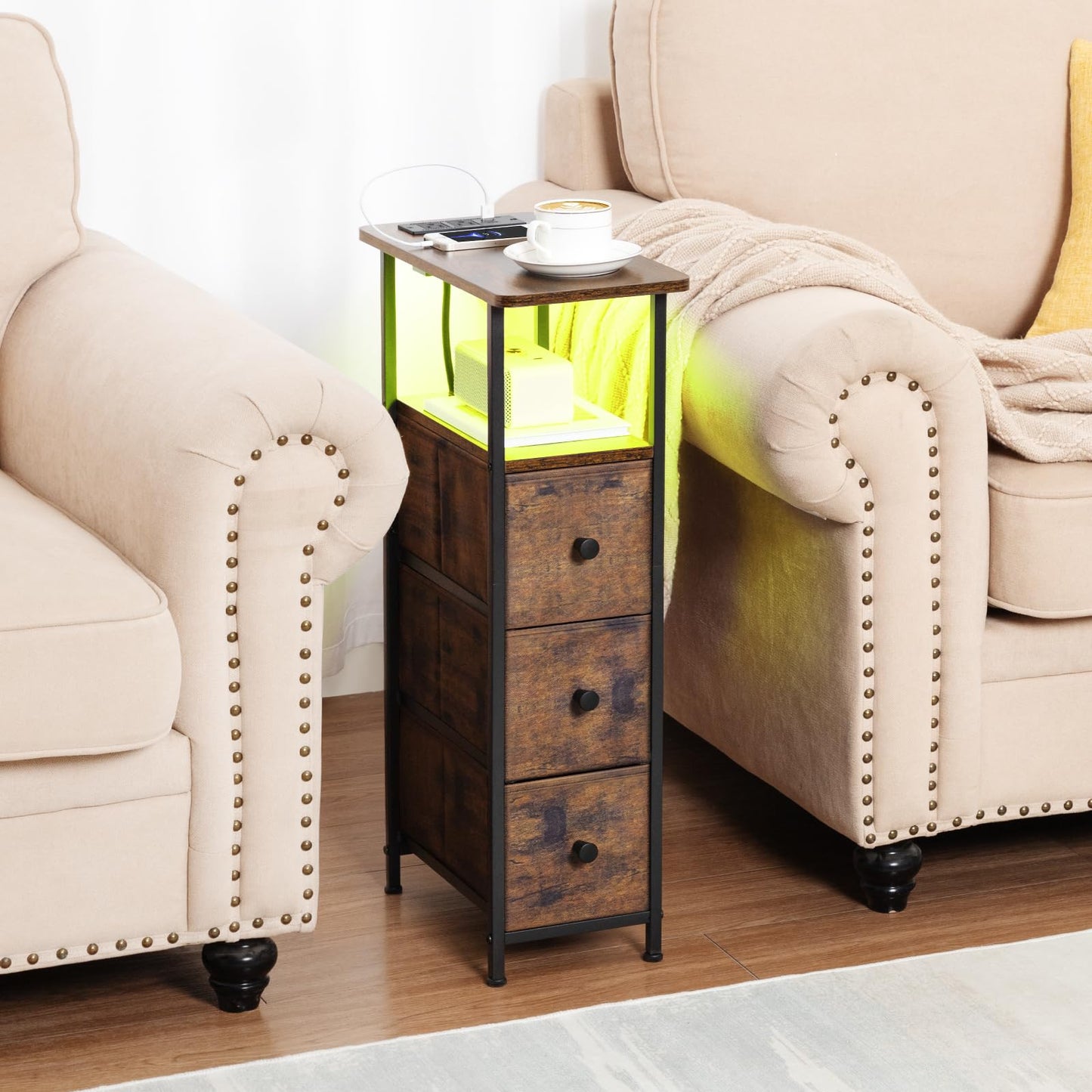 LOAKEKEL Narrow End Table Living Room with Charging Station, Skinny Side Table with Fabric Drawers, Slim LED Nightstand for Bedroom, Small Spaces, Couch, Rustic Brown, HETNDP03LPBR-1