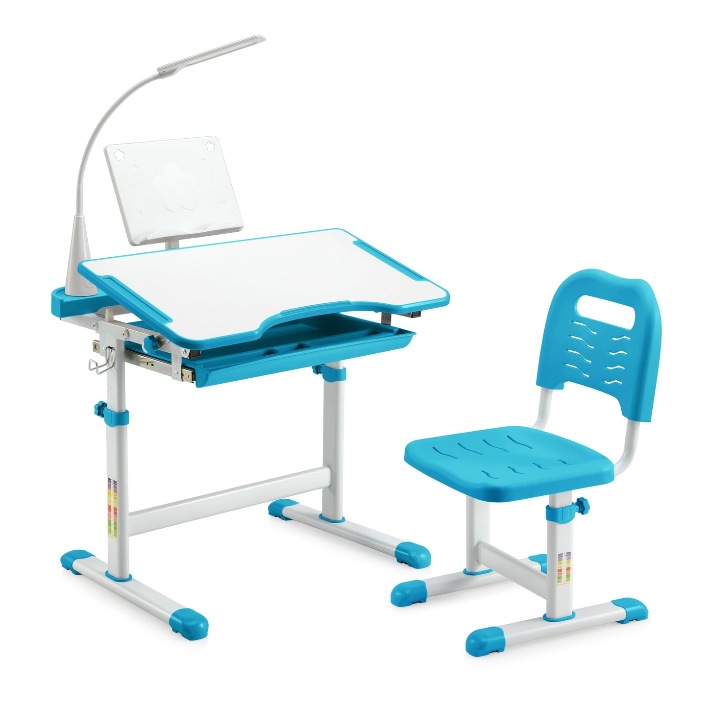 Diroan Kids Functional Desk and Chair Set, Ergonomic Height Adjustable Children School Study Desk with Tilt Desktop, Book Stand, LED Light, Metal Hook and Storage Drawer for Boys Girls(Blue)