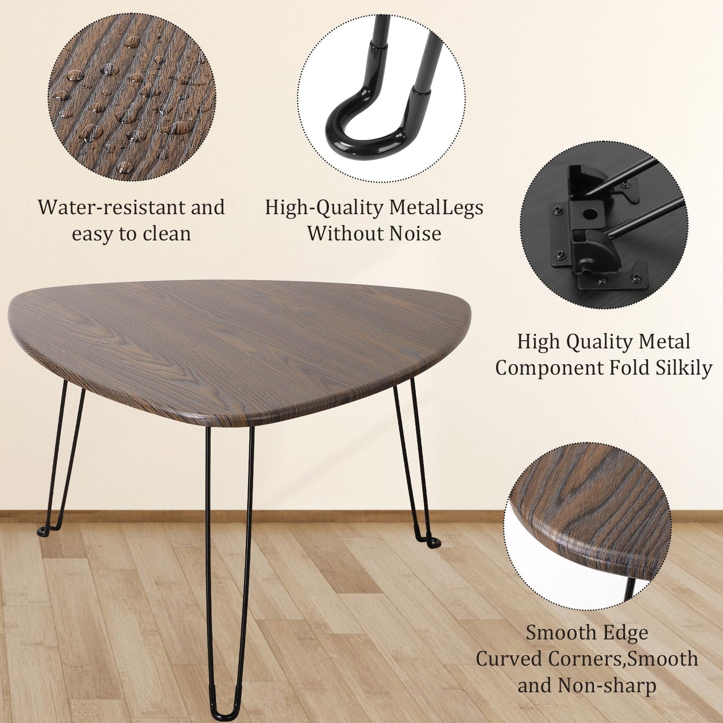 FEUFOAM Folding Coffee Tables for Small Spaces Foldable Industrial Sofa Center Table Triangle Design Wood Framed Coffee Table Mid Century Rustic Brown Floor Desk for Living Room Balcony