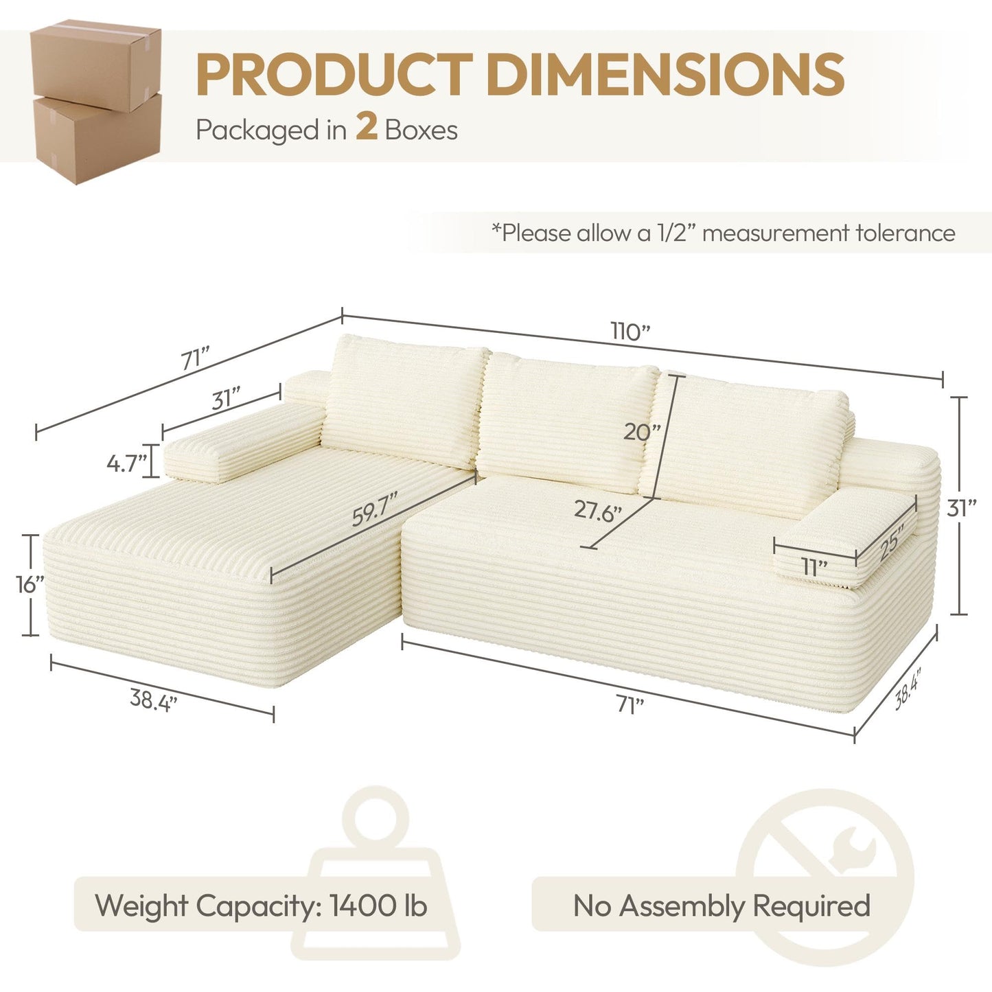 Yaheetech 110" Modular Sectional Sofa Corduroy Boneless Couch with Chaise L-Shape Cloud Couch with Detachable Pillows No Assembly Sofa for Living Room, Beige