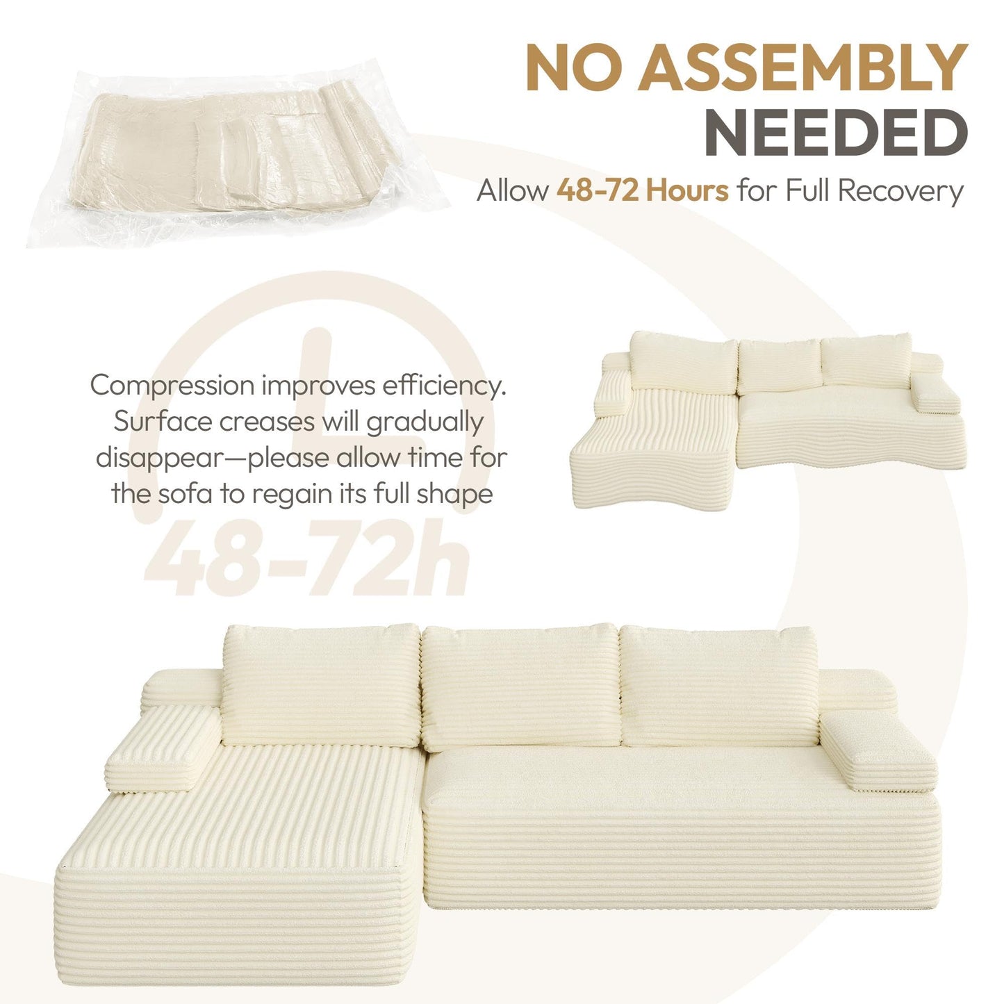 Yaheetech 110" Modular Sectional Sofa Corduroy Boneless Couch with Chaise L-Shape Cloud Couch with Detachable Pillows No Assembly Sofa for Living Room, Beige