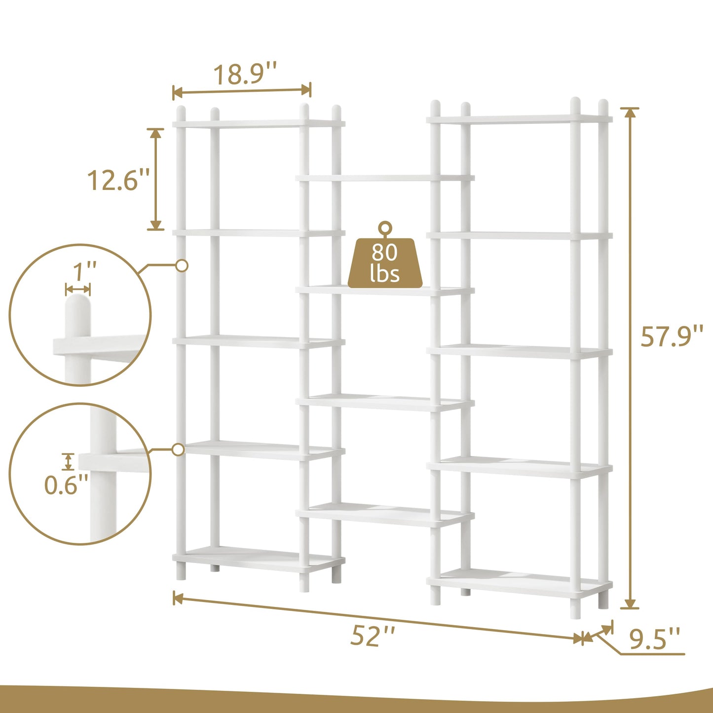 IOTXY Wooden Triple Wide Bookshelf - 5-Tier Large Shelf Bookcase with Solid Beech Frame, Tall Freestanding Open Etagere Display Rack for Home Office, White