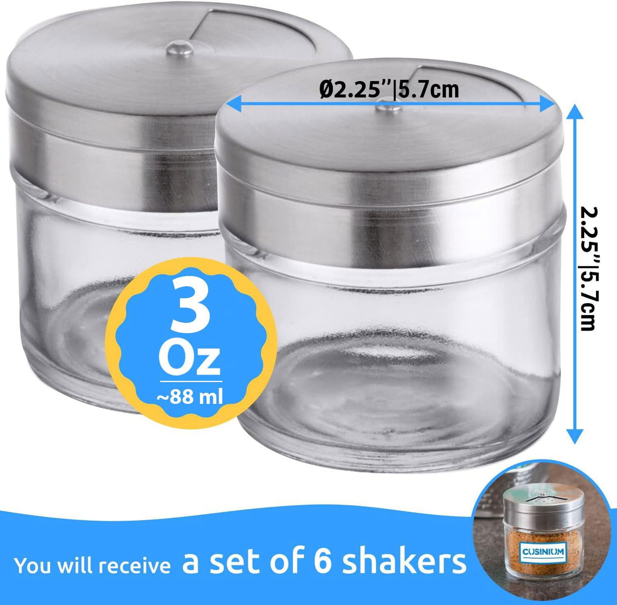 6-Pack 3oz Glass Spice Seasonings Shaker With Adjustable Lid