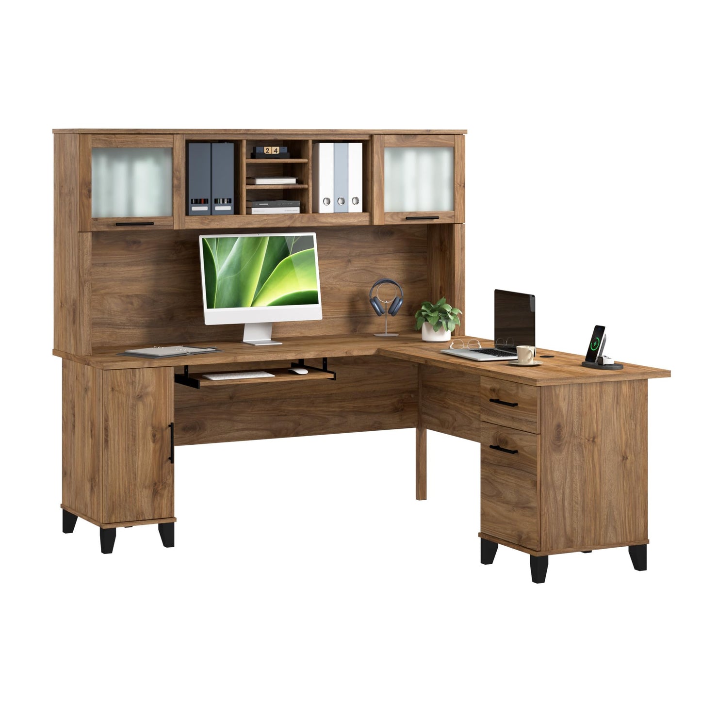 Bush Furniture Somerset L Shaped Desk with Hutch in Fresh Walnut | Corner Computer Table with Drawers, Cabinets and Pullout Keyboard/Laptop Tray for Home Office