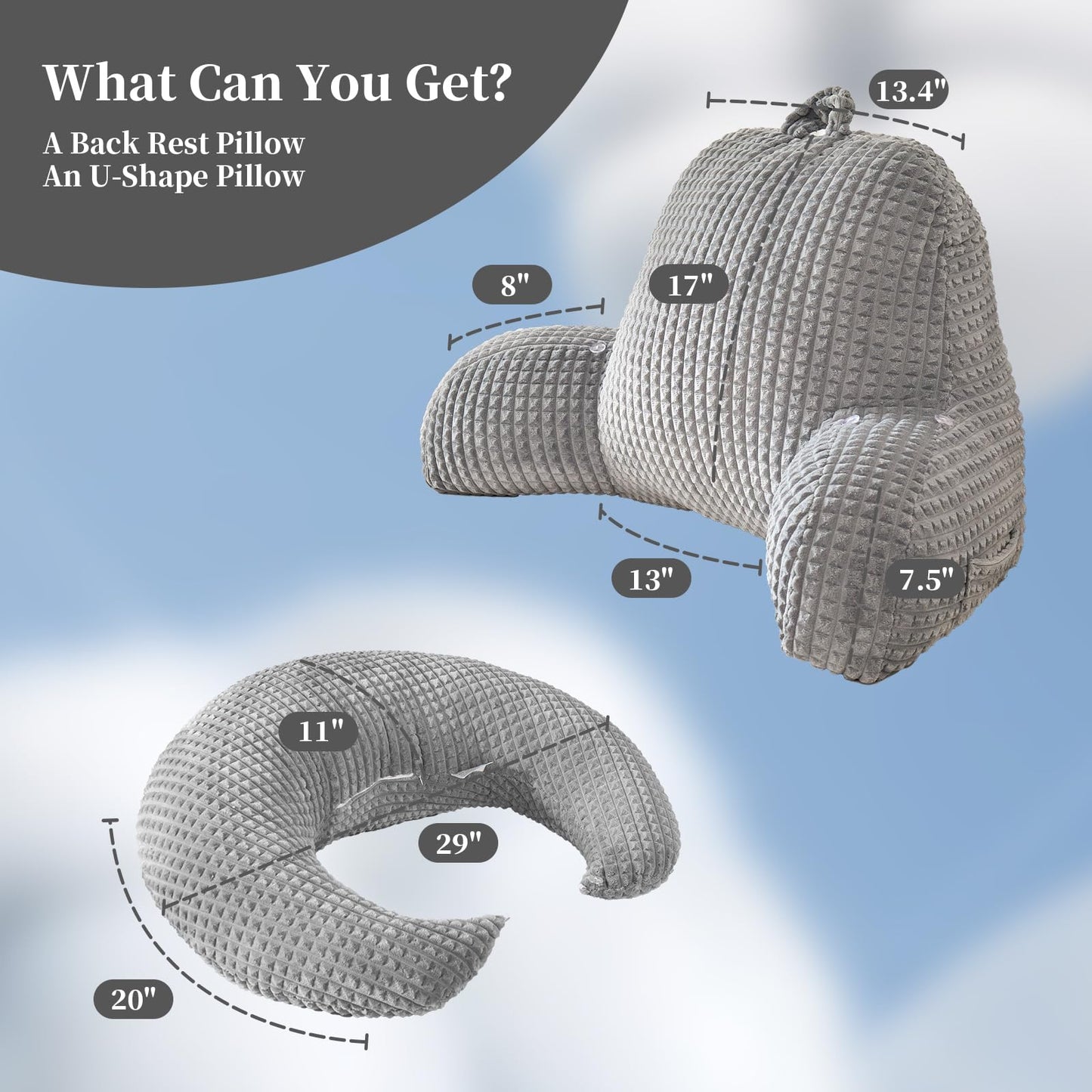 19" Reading Pillow for Bed,U Shaped Arm & Elbow Support,Gray Corduroy