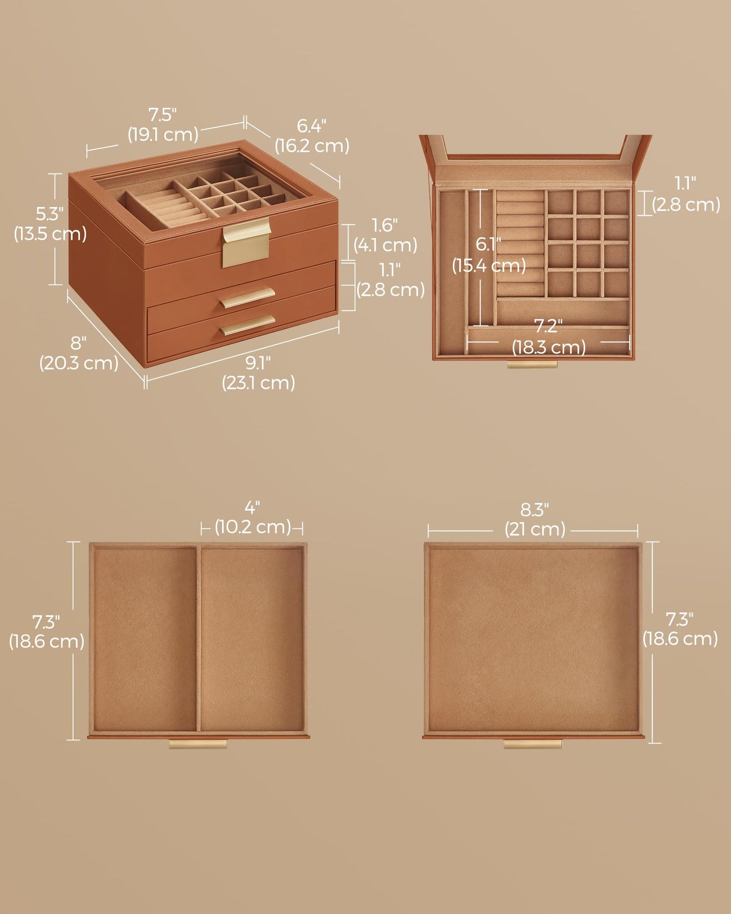 SONGMICS GISELLA Collection - Jewelry Box Organizer, 3-Layer Jewelry Storage with 2 Drawers, Shiny Metal Hardware, Glass Lid, Modern, 8 x 9.1 x 5.3 Inches, Caramel Brown and Gold UJBC239K01
