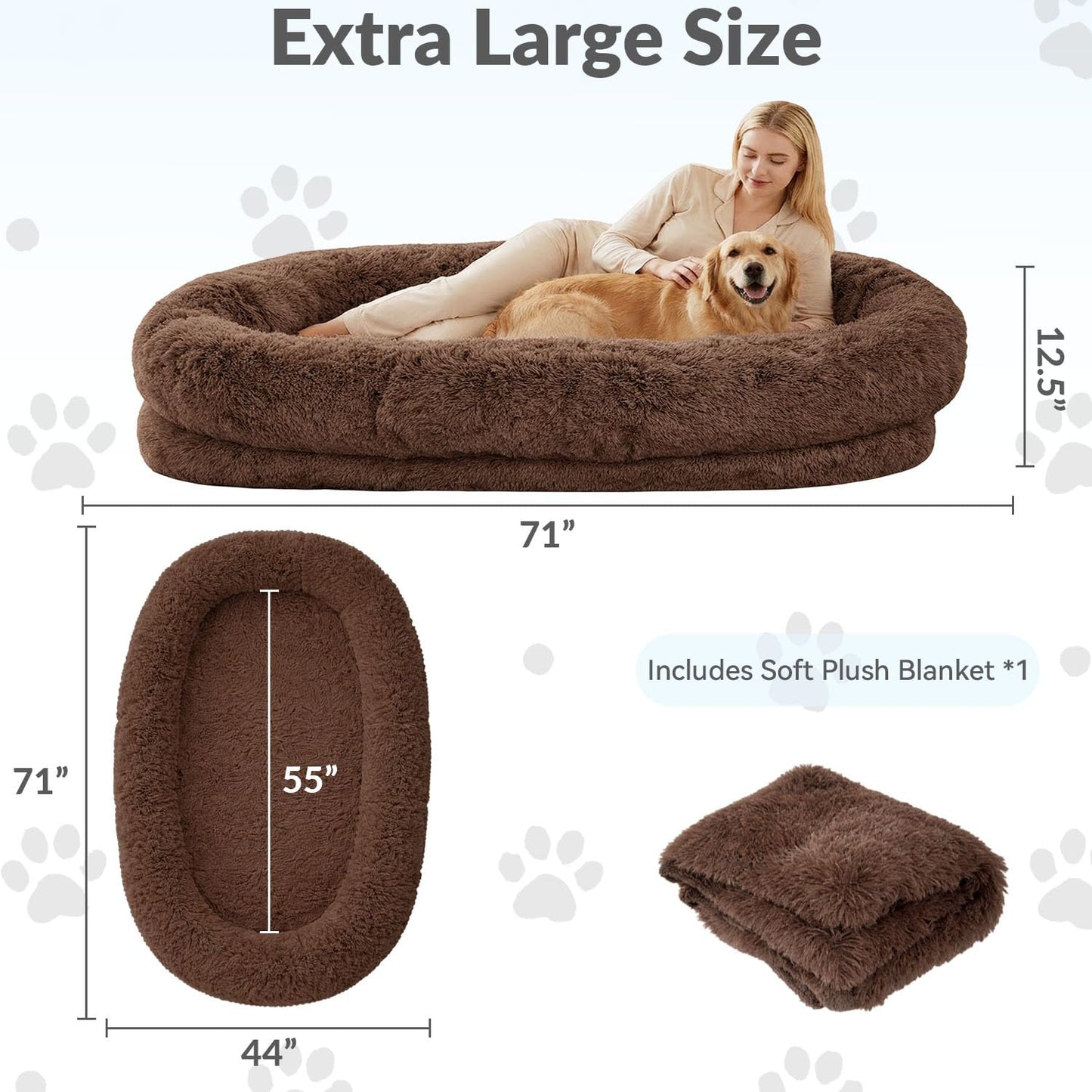 71"x44"x12.5" Human Dog Bed for Adult Faux Fur Washable Human Dog Bed Portable Handle, Egg Orthopedic Foam Human Bed Extra Large Brown