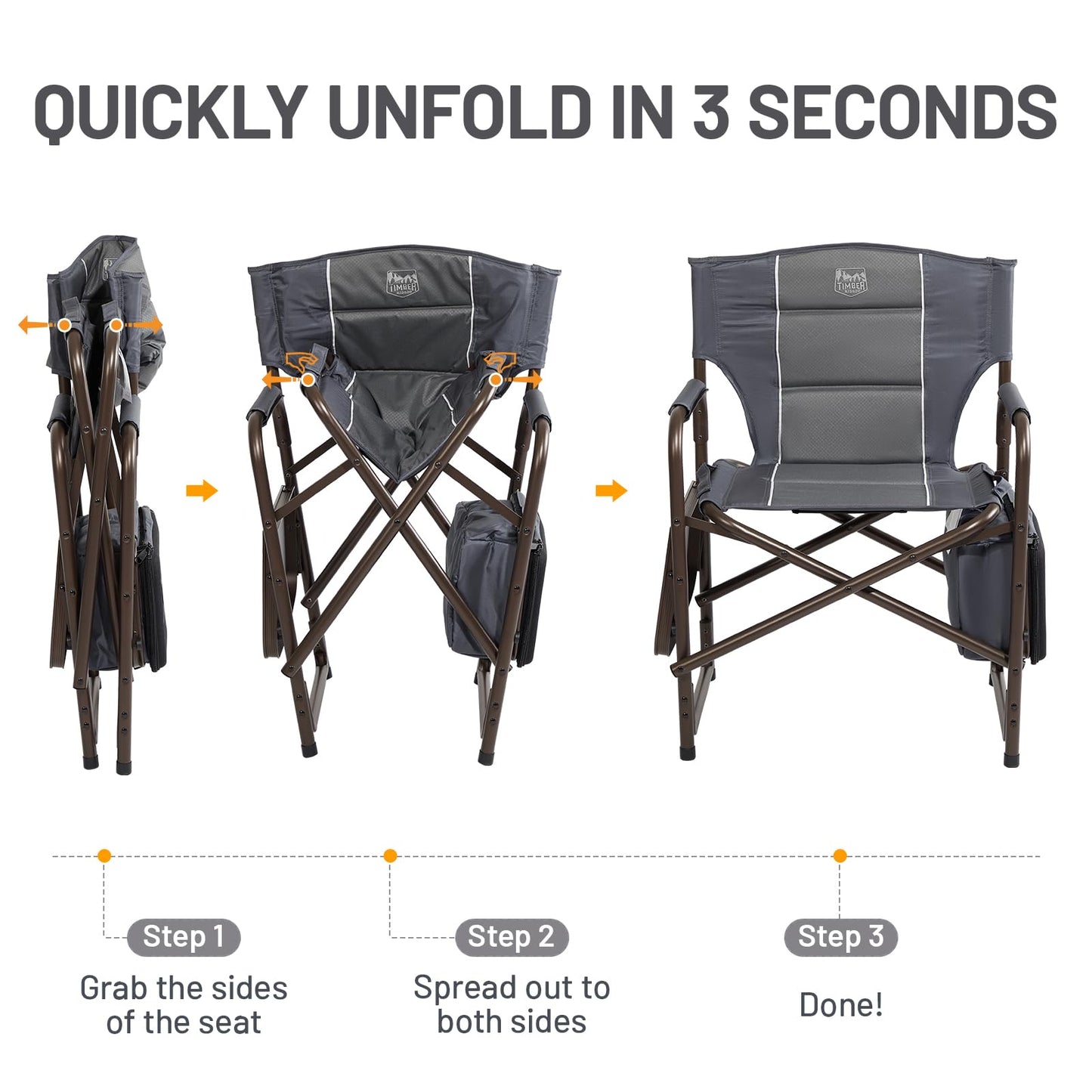 TIMBER RIDGE Lightweight Camping Chair, Portable Laurel Director's Chair with Foldable Side Table, Cooler Bag & Mesh Pocket, Compact Outdoor Folding Lawn Chair, Supports 300lbs, Grey