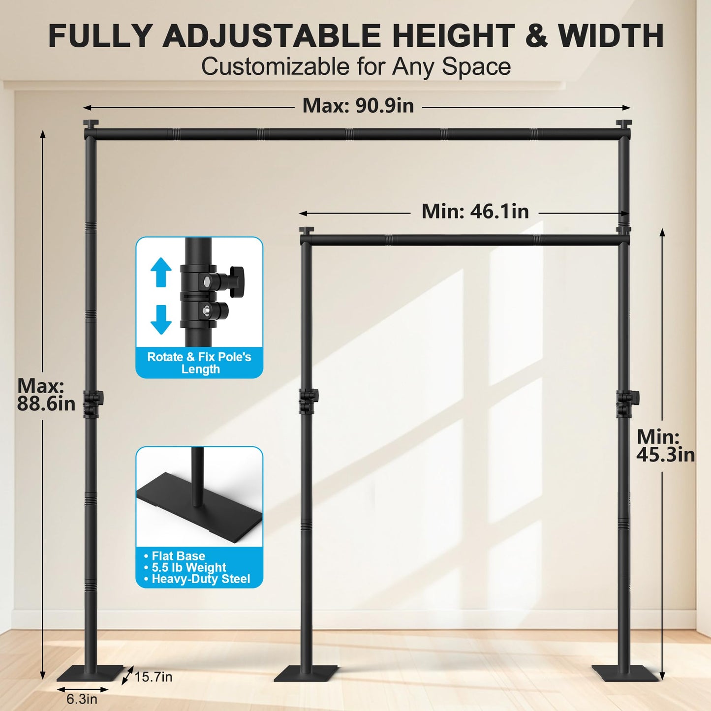 AKTOP Room Divider Curtain Rod, Freestanding No Drilling Privacy Room Separator for Space Partition, 89" H x 91" W Adjustable Heavy Duty Wall Divider Tension Rod for Room Separation with Carrying Bag