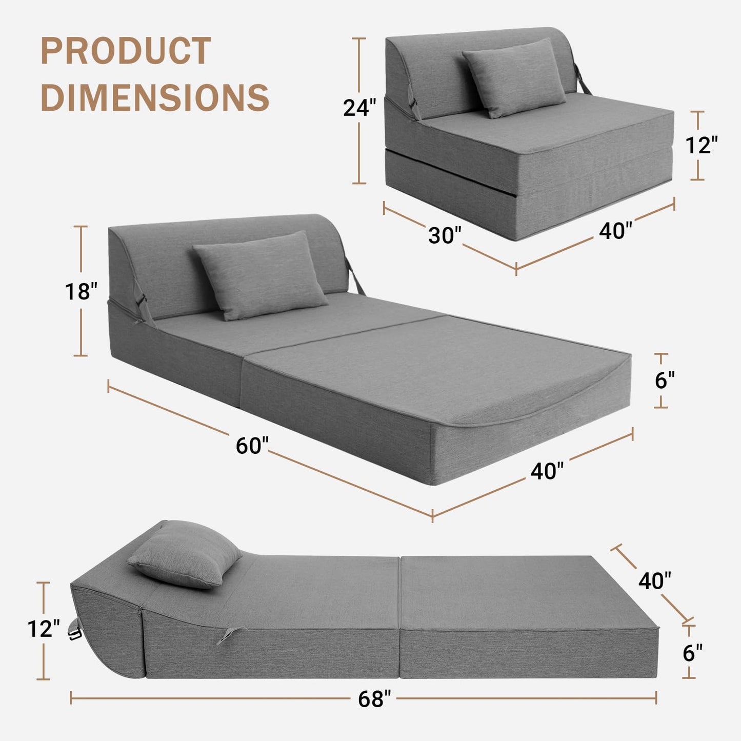 BeBen Folding Sofa Bed Chair, Convertible Sleeper Chair Futon Couch, Foldable Boneless Floor Lounge Sofa, Twin Foam Chair Bed for Small Spaces, Dorm, Guest Room, Living Room, Apartment, Dark Grey