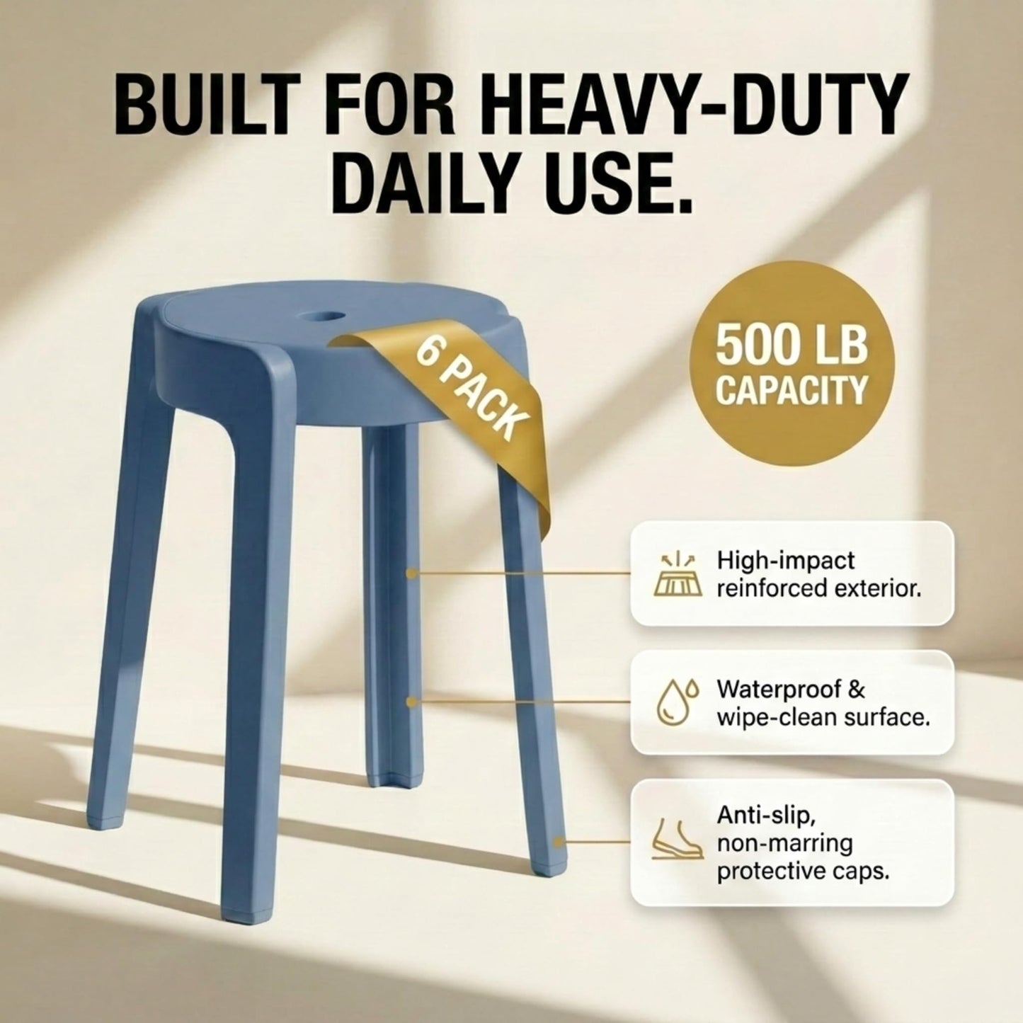Stackable Plastic Stools Set of 6-18 Inch Heavy Duty 500 lbs Capacity, Flexible Seating Classroom Stools for School, Outdoor Patio & BBQ Chairs, Space Saving Plastic Chairs for Dorm, Home Office