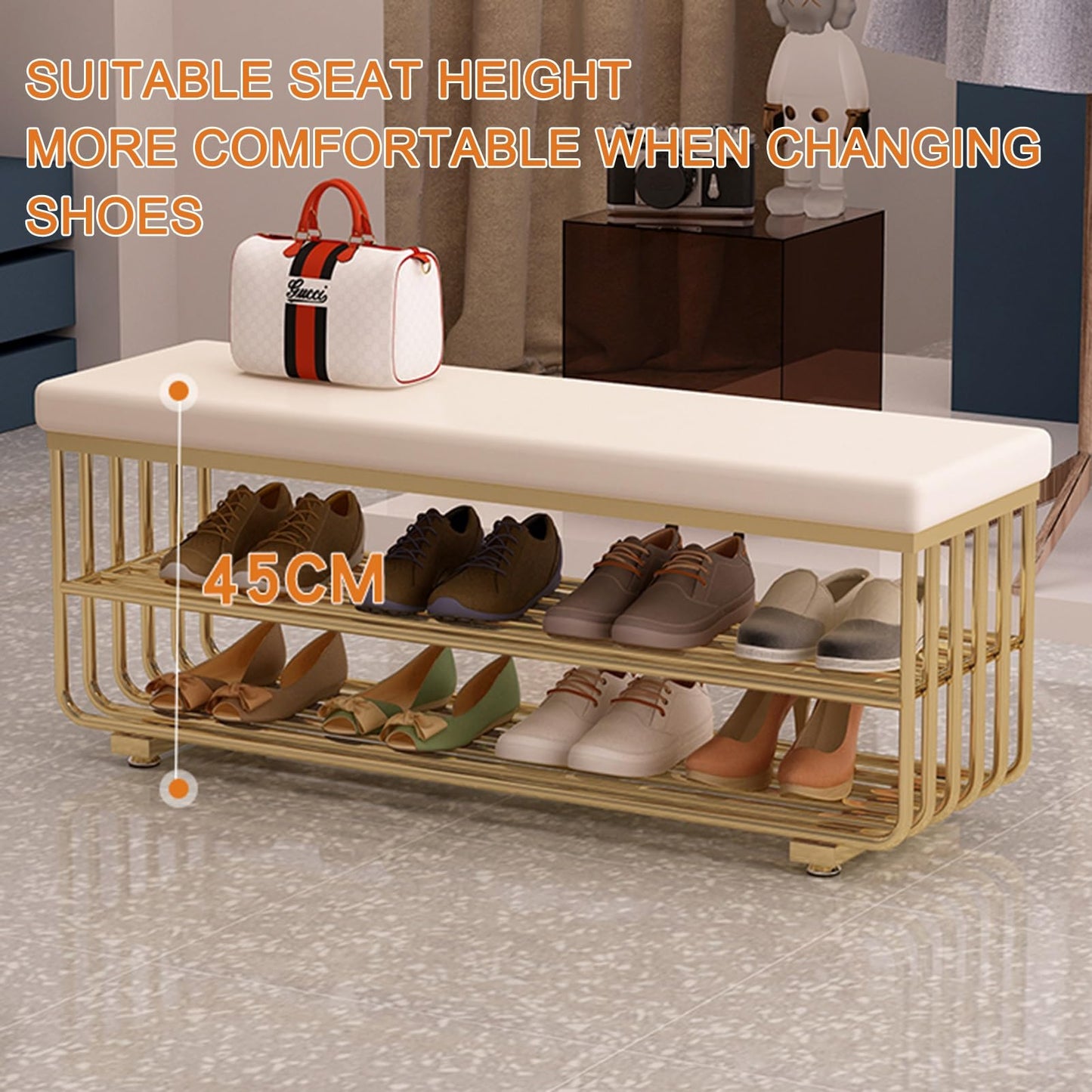 HARELA Shoe Bench with Cushioned Seat, PU Faux Leather Bench with Metal Base, Entryway Shoe Bench with Storage, Elegant Footstool for Entrance Living Room Cloakroom(Gold C,60cm/23.6in)