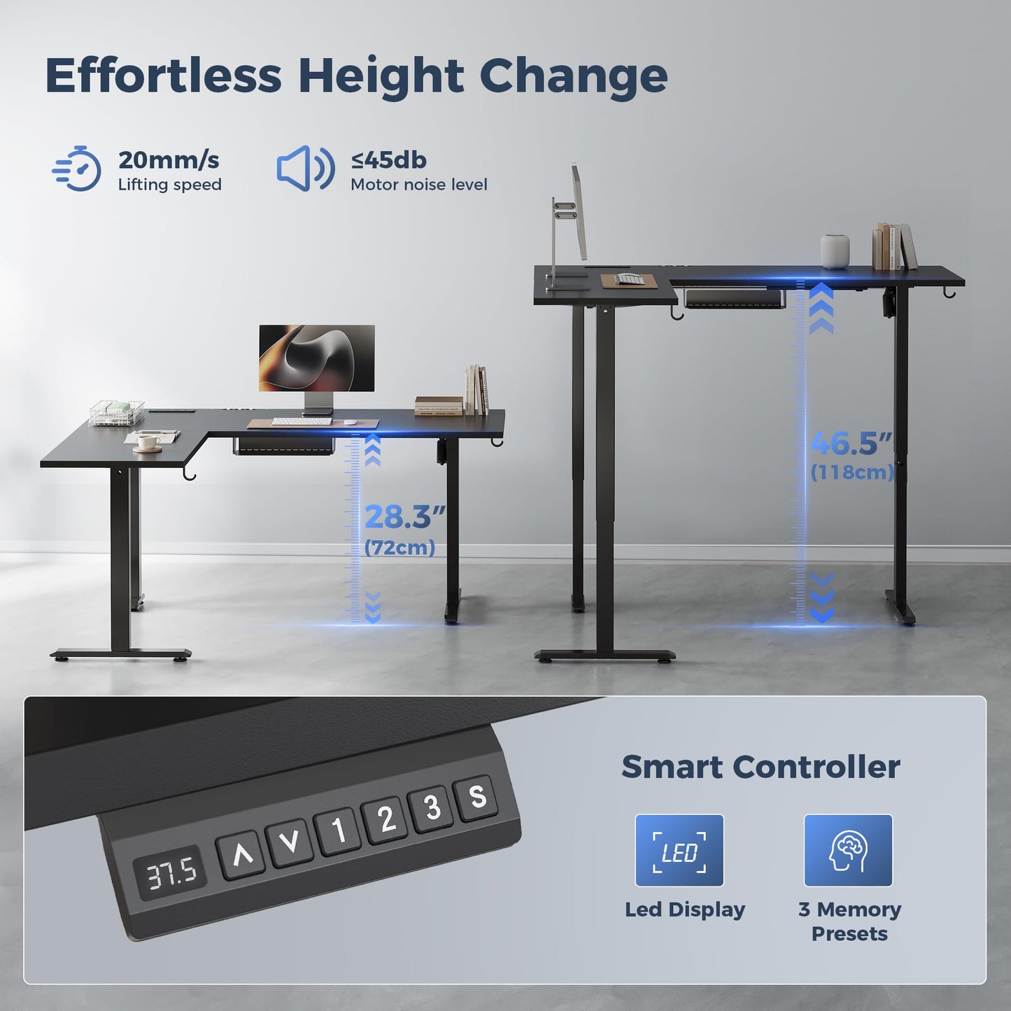 Klicelor L Shaped Standing Desk 63 x 48 Inch,Electric Height Adjustable Corner Desk with Cable Management & Power Outlets, Ergonomic Sit Stand Up Computer Table for Home Office,Black
