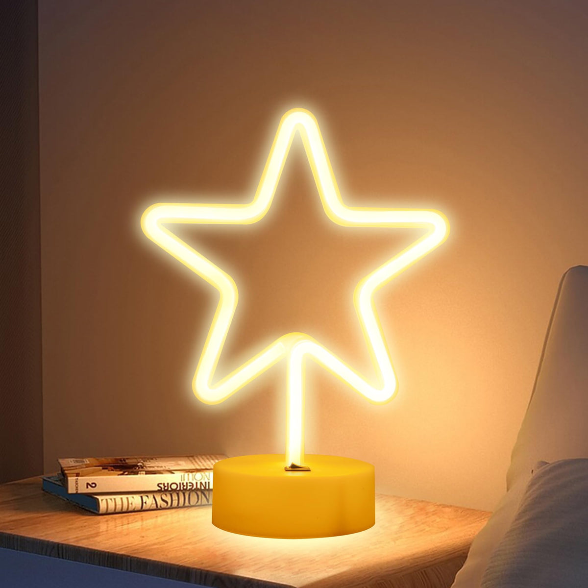 ENUOLI Warm White Star Shaped LED Neon Light Lamp with Base Battery Operated USB Powered LED Star Neon Sign Home Christmas Decoration Lights for Home Hotel Bedroom Store Decoration Night Light