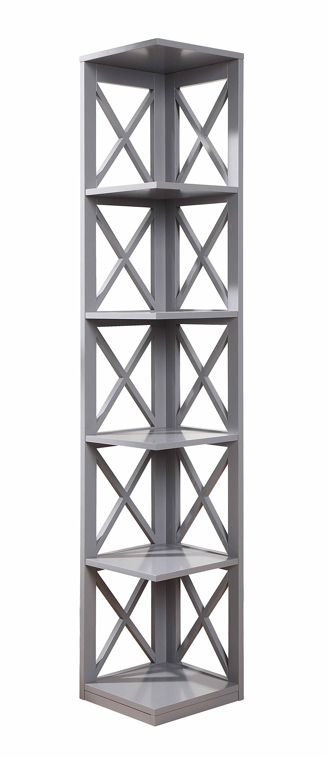 Convenience Concepts Oxford Corner Bookcase 12" - 5-Tier Slim Farmhouse Bookcase for Modern Living & Family Room, Media Storage Organizer for Home Office Library, Tall Shelving Unit, Gray